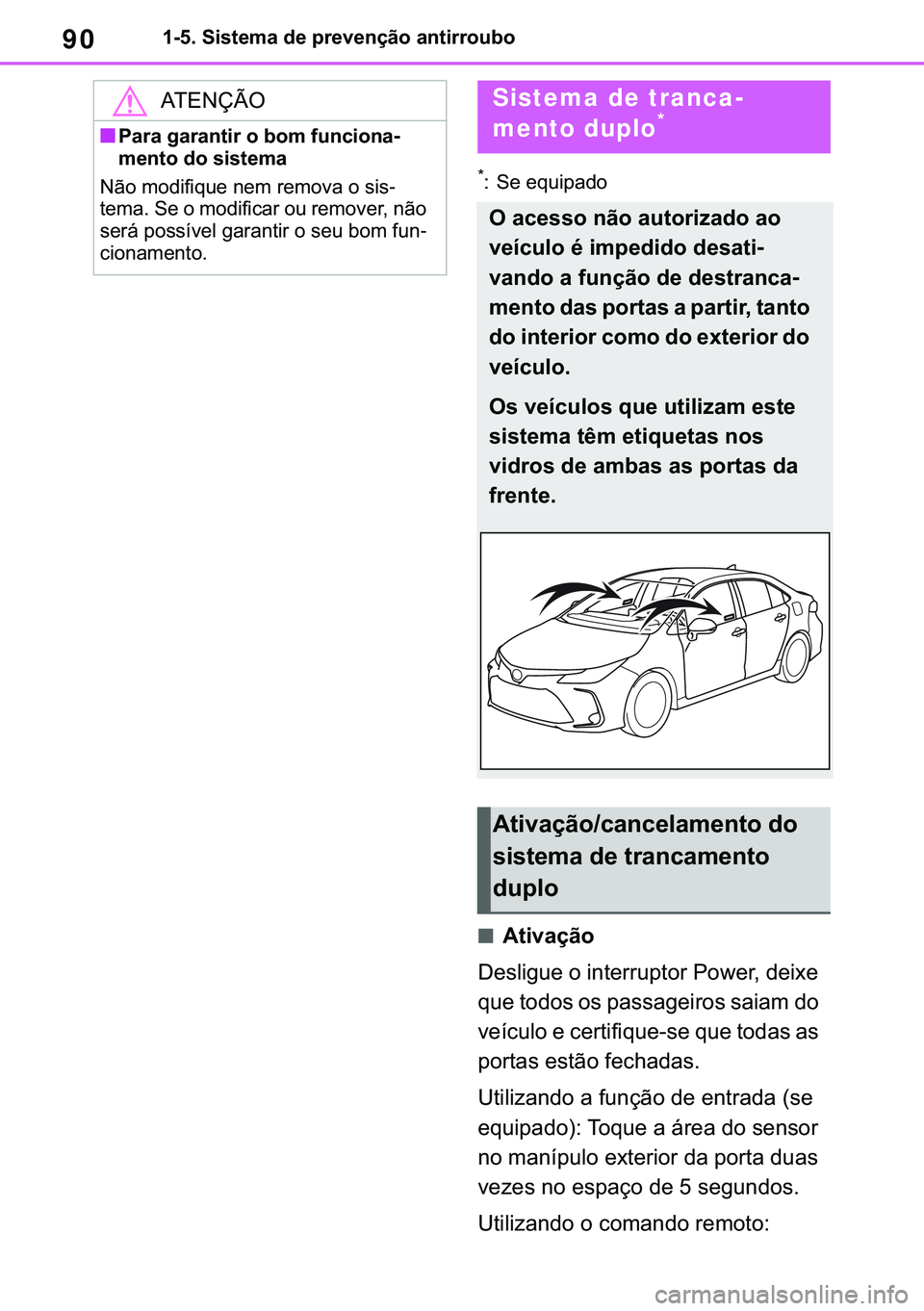 TOYOTA COROLLA 2020  Manual de utilização (in Portuguese) 90
�&�2�5�2�/�/�$ �+�9 �7�0�0�7 �(�(
������6�L�V�W�H�P�D��G�H��S�U�H�Y�H�Q�o�m�R��D�Q�W�L�U�U�R�X�E�R
�
� �6�H��H�T�X�L�S�D�G�R
■�$�W�L�Y�D�o�m�R
��H�V�O�L�J�X�H��R��L�Q�W�H�U�U�X�S�W�R