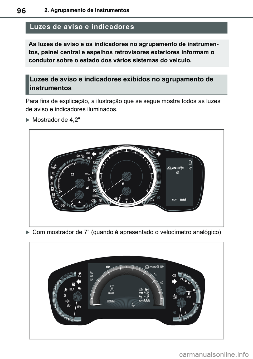 TOYOTA COROLLA 2020  Manual de utilização (in Portuguese) 96
�&�2�5�2�/�/�$ �+�9 �7�0�0�7 �(�(
����$�J�U�X�S�D�P�H�Q�W�R��G�H��L�Q�V�W�U�X�P�H�Q�W�R�V
�����,�Q�V�W�U�X�P�H�Q�W��F�O�X�V�W�H�U
<003300440055004400030049004c0051005600030047004800030048