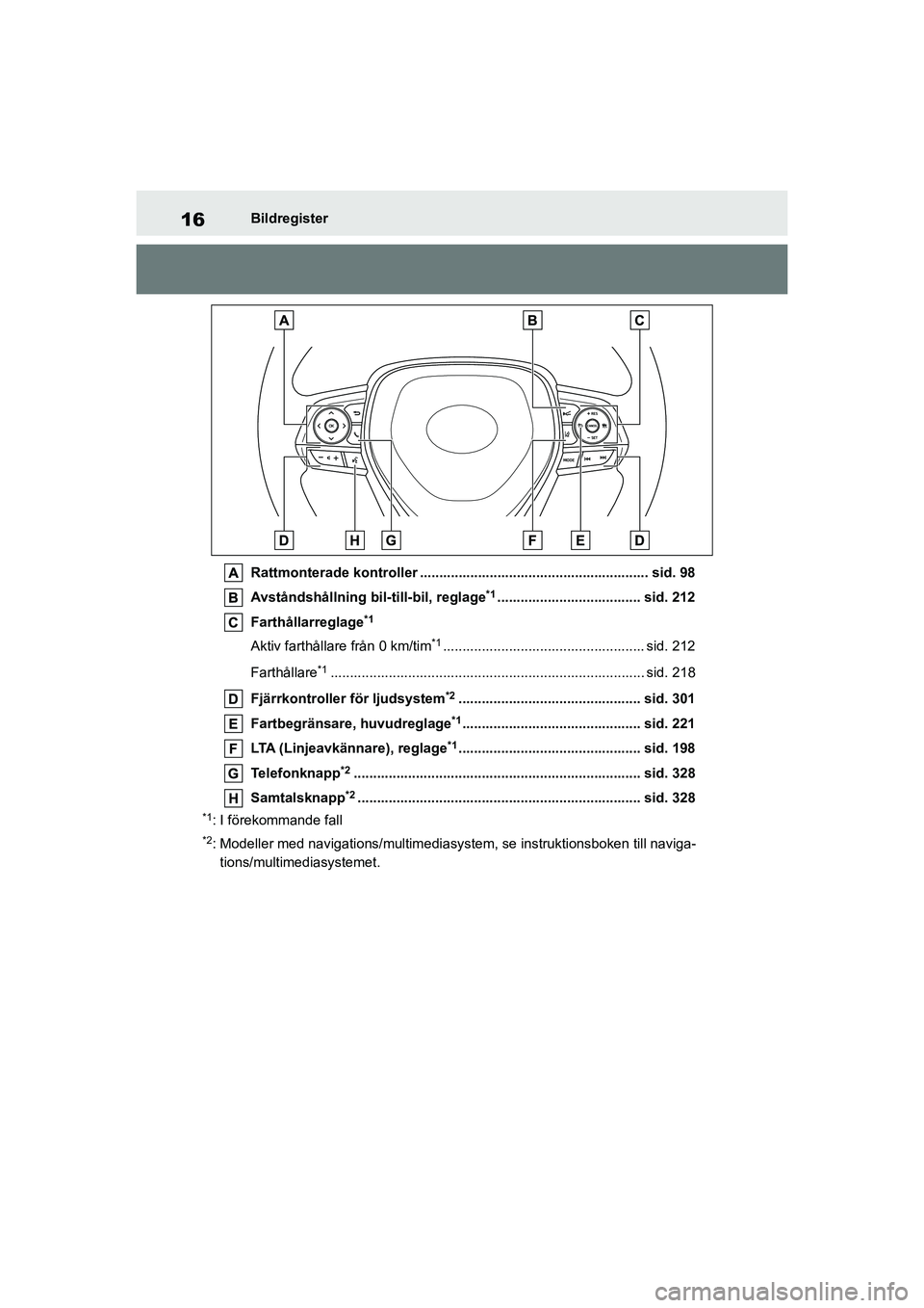 TOYOTA COROLLA 2021  Bruksanvisningar (in Swedish) 16Bildregister
COROLLA HV_TMMT_OM12P19SE Rattmonterade kontroller ........................................................... sid. 98
Avståndshållning bil-till-bil, reglage
*1.......................