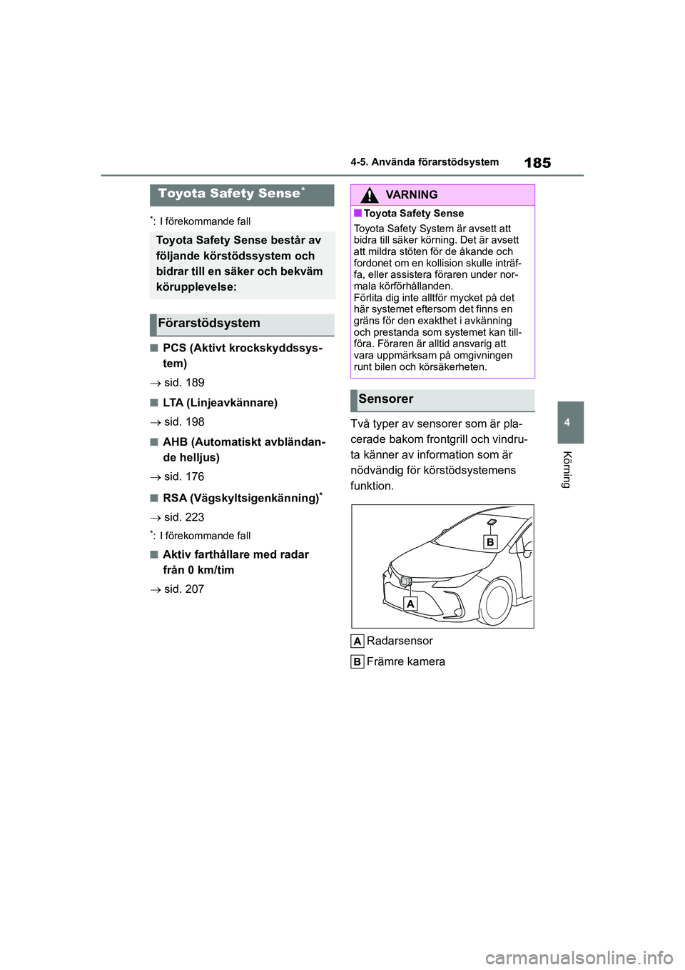 TOYOTA COROLLA 2021  Bruksanvisningar (in Swedish) 185
4
4-5. Använda förarstödsystem
Körning
COROLLA HV_TMMT_OM12P19SE
4-5.Använda förarstödsystem
*: I förekommande fall
nPCS (Aktivt krockskyddssys-
tem)
 sid. 189
nLTA (Linjeavkännare)
