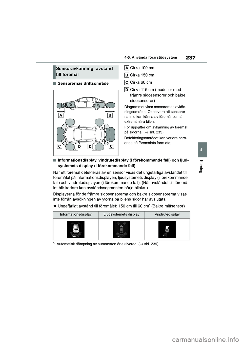 TOYOTA COROLLA 2020 Bruksanvisningar (in Swedish) 237
4
4-5. Använda förarstödsystem
Körning
COROLLA HV_TMMT_OM12P19SE
nSensorernas driftsområde
Cirka 100 cm
Cirka 150 cm
Cirka 60 cm
Cirka 115 cm (modeller med
främre sidosensorer och bakre
si TOYOTA COROLLA 2020 Bruksanvisningar (in Swedish) 237
4
4-5. Använda förarstödsystem
Körning
COROLLA HV_TMMT_OM12P19SE
nSensorernas driftsområde
Cirka 100 cm
Cirka 150 cm
Cirka 60 cm
Cirka 115 cm (modeller med
främre sidosensorer och bakre
si