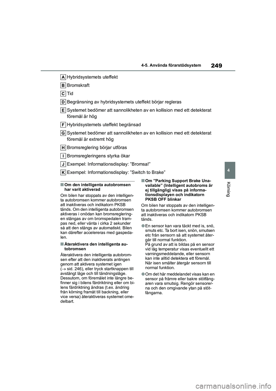 TOYOTA COROLLA 2021 Bruksanvisningar (in Swedish) 249
4
4-5. Använda förarstödsystem
Körning
COROLLA HV_TMMT_OM12P19SE
Hybridsystemets uteffekt
Bromskraft
Tid
Begränsning av hybridsystemet
s uteffekt börjar regleras
Systemet bedömer att sa nno TOYOTA COROLLA 2021 Bruksanvisningar (in Swedish) 249
4
4-5. Använda förarstödsystem
Körning
COROLLA HV_TMMT_OM12P19SE
Hybridsystemets uteffekt
Bromskraft
Tid
Begränsning av hybridsystemet
s uteffekt börjar regleras
Systemet bedömer att sa nno