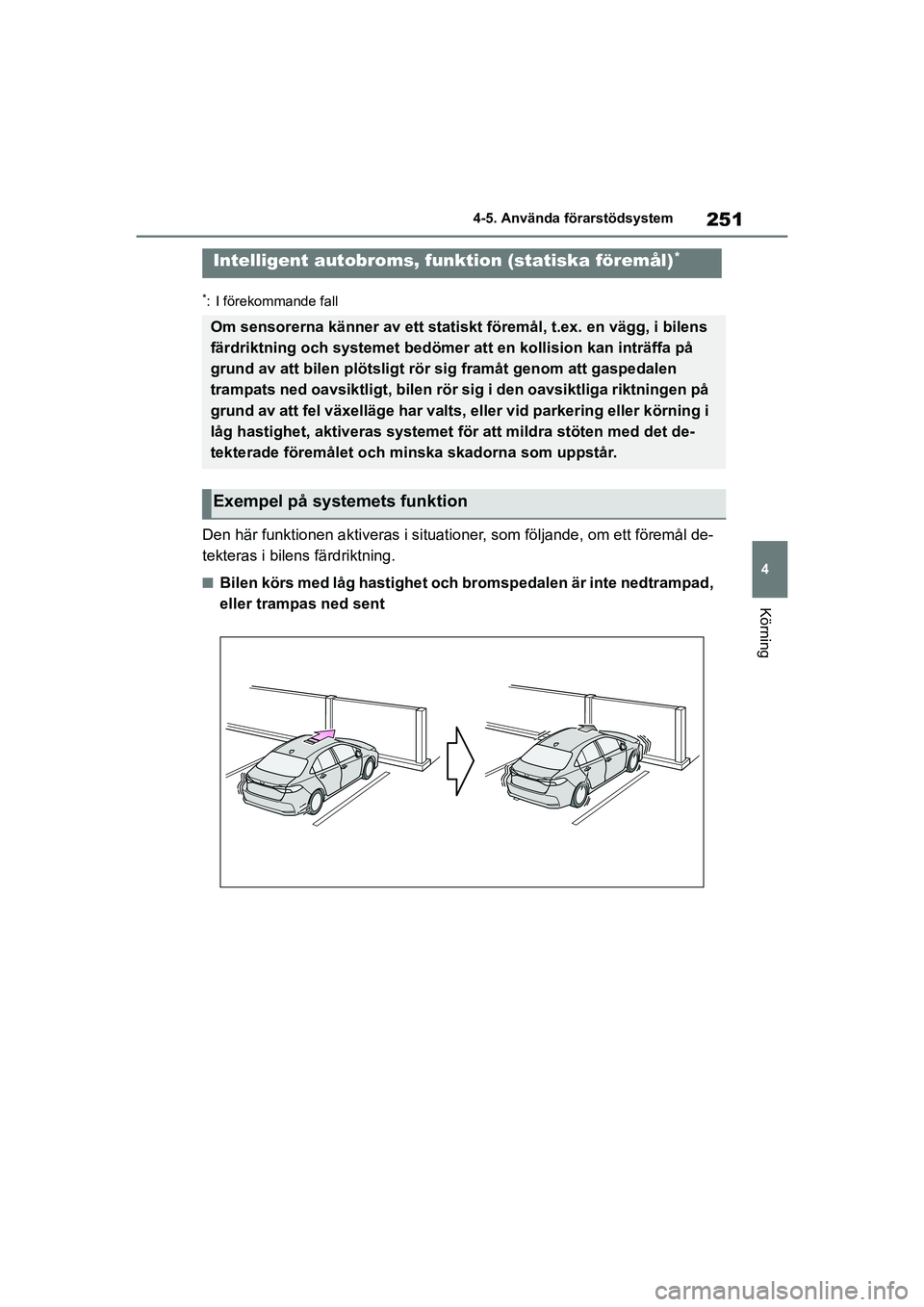 TOYOTA COROLLA 2021 Bruksanvisningar (in Swedish) 251
4
4-5. Använda förarstödsystem
Körning
COROLLA HV_TMMT_OM12P19SE
*: I förekommande fall
Den här funktionen aktivera
s i situationer, som följande, om ett föremål de-
tekteras i bilens fä TOYOTA COROLLA 2021 Bruksanvisningar (in Swedish) 251
4
4-5. Använda förarstödsystem
Körning
COROLLA HV_TMMT_OM12P19SE
*: I förekommande fall
Den här funktionen aktivera
s i situationer, som följande, om ett föremål de-
tekteras i bilens fä
