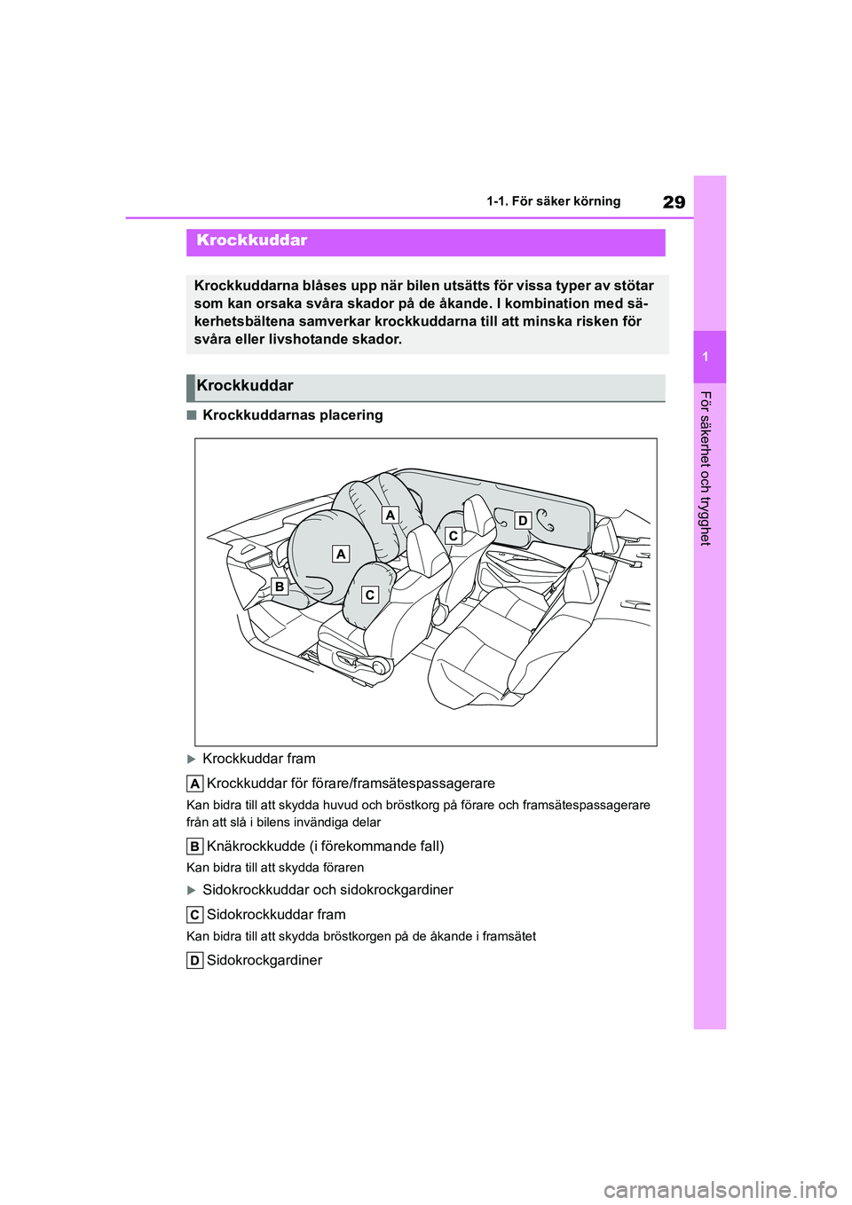 TOYOTA COROLLA 2020 Bruksanvisningar (in Swedish) 29
1
1-1. För säker körning
För säkerhet och trygghet
COROLLA HV_TMMT_OM12P19SE
nKrockkuddarnas placering
Krockkuddar fram
Krockkuddar för förare/framsätespassagerare
Kan bidra till att sky TOYOTA COROLLA 2020 Bruksanvisningar (in Swedish) 29
1
1-1. För säker körning
För säkerhet och trygghet
COROLLA HV_TMMT_OM12P19SE
nKrockkuddarnas placering
Krockkuddar fram
Krockkuddar för förare/framsätespassagerare
Kan bidra till att sky