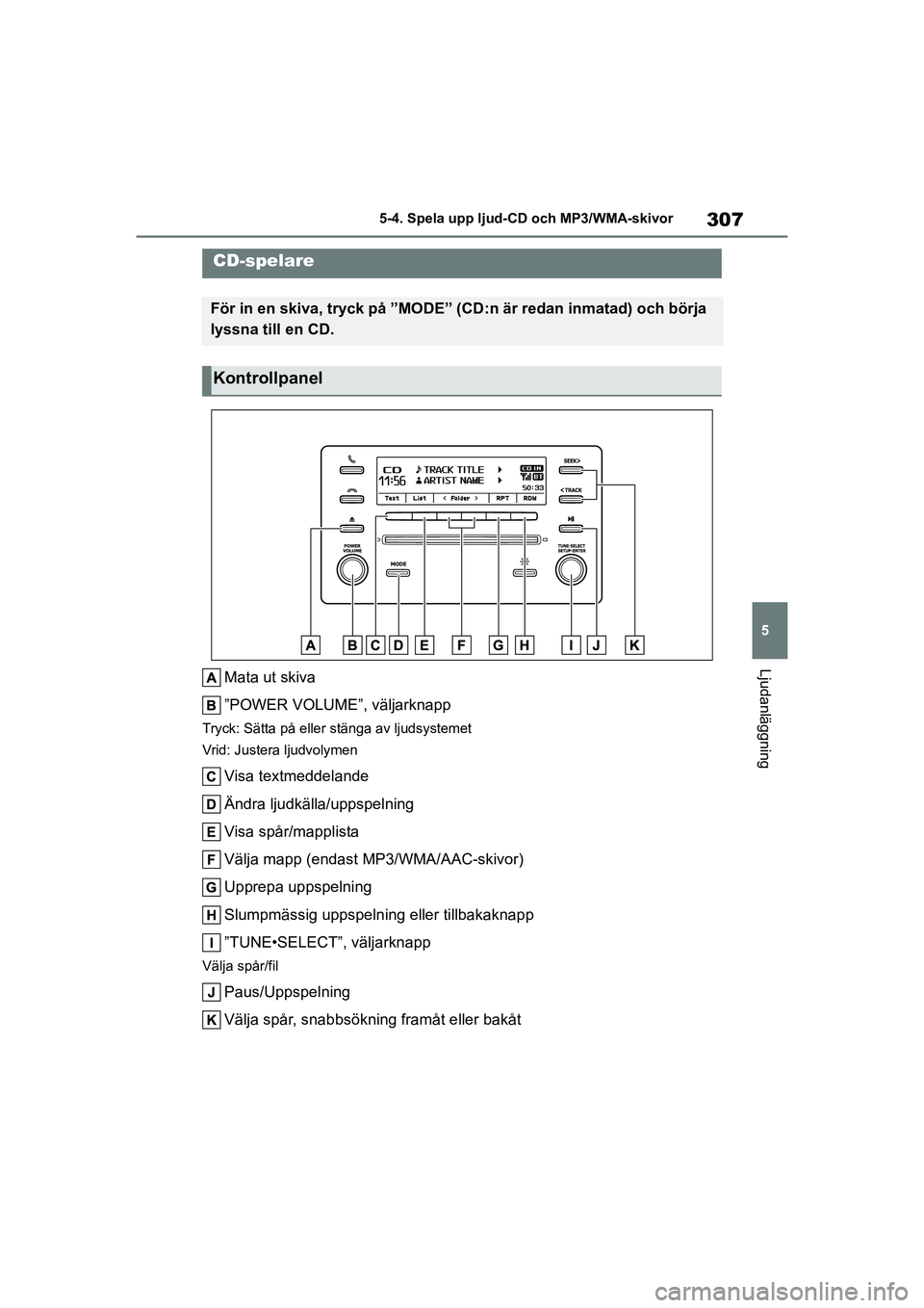TOYOTA COROLLA 2021 Bruksanvisningar (in Swedish) 307
5
5-4. Spela upp ljud-CD och MP3/WMA-skivor
Ljudanläggning
COROLLA HV_TMMT_OM12P19SE
5-4.Spela upp ljud-CD och MP3/WMA-skivor
Mata ut skiva
”POWER VOLUME”, väljarknapp
Tryck: Sätta på elle TOYOTA COROLLA 2021 Bruksanvisningar (in Swedish) 307
5
5-4. Spela upp ljud-CD och MP3/WMA-skivor
Ljudanläggning
COROLLA HV_TMMT_OM12P19SE
5-4.Spela upp ljud-CD och MP3/WMA-skivor
Mata ut skiva
”POWER VOLUME”, väljarknapp
Tryck: Sätta på elle