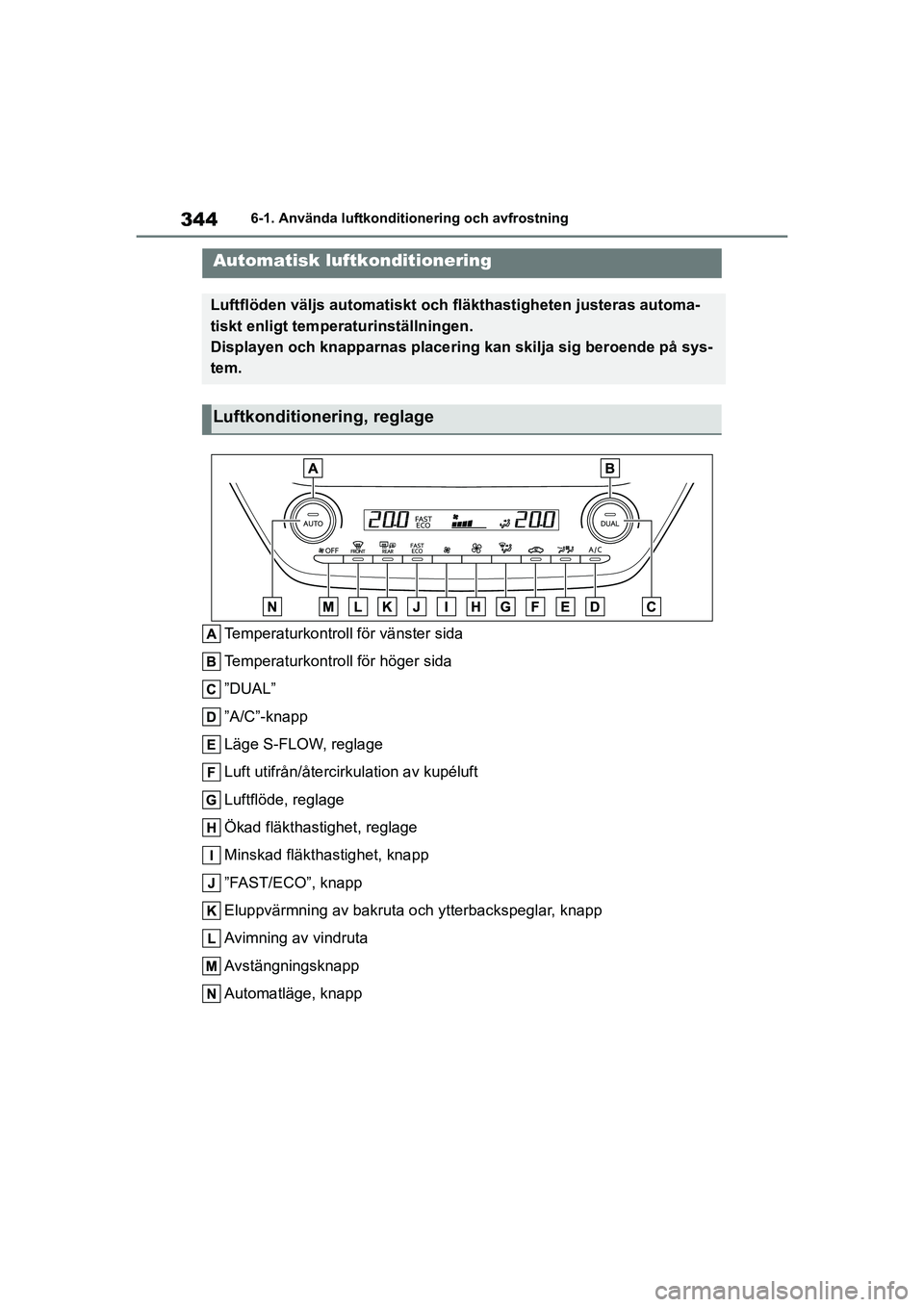 TOYOTA COROLLA 2020 Bruksanvisningar (in Swedish) 3446-1. Använda luftkonditionering och avfrostning
COROLLA HV_TMMT_OM12P19SE
6-1.Använda luftkonditionering och avfrostning
Temperaturkontroll för vänster sida
Temperaturkontroll för höger sida
TOYOTA COROLLA 2020 Bruksanvisningar (in Swedish) 3446-1. Använda luftkonditionering och avfrostning
COROLLA HV_TMMT_OM12P19SE
6-1.Använda luftkonditionering och avfrostning
Temperaturkontroll för vänster sida
Temperaturkontroll för höger sida
