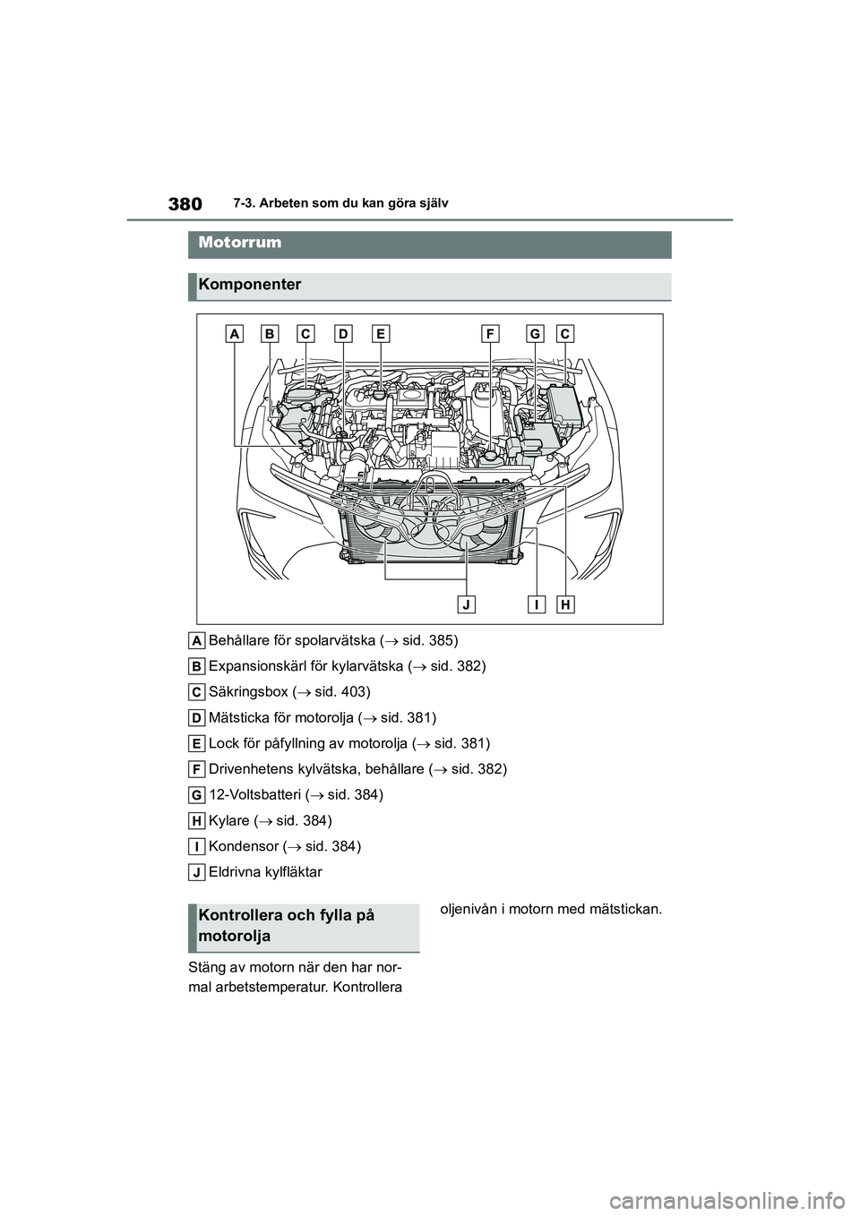 TOYOTA COROLLA 2021 Bruksanvisningar (in Swedish) 3807-3. Arbeten som du kan göra själv
COROLLA HV_TMMT_OM12P19SE
Behållare för spolarvätska ( sid. 385)
Expansionskärl för kylarvätska ( sid. 382)
Säkringsbox ( sid. 403)
Mätsticka f TOYOTA COROLLA 2021 Bruksanvisningar (in Swedish) 3807-3. Arbeten som du kan göra själv
COROLLA HV_TMMT_OM12P19SE
Behållare för spolarvätska ( sid. 385)
Expansionskärl för kylarvätska ( sid. 382)
Säkringsbox ( sid. 403)
Mätsticka f