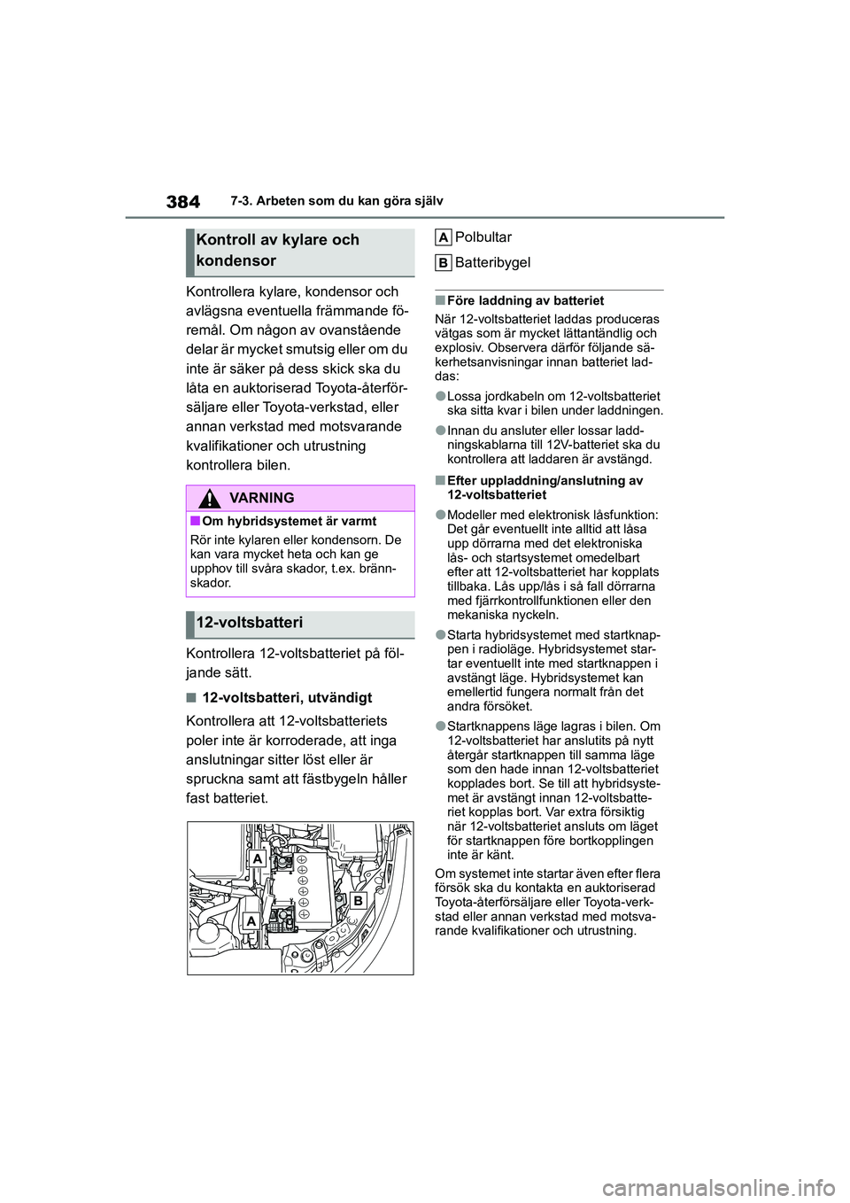 TOYOTA COROLLA 2021 Bruksanvisningar (in Swedish) 3847-3. Arbeten som du kan göra själv
COROLLA HV_TMMT_OM12P19SE
Kontrollera kylare, kondensor och
avlägsna eventuella främmande fö-
remål. Om någon av ovanstående
delar är mycket smutsig el TOYOTA COROLLA 2021 Bruksanvisningar (in Swedish) 3847-3. Arbeten som du kan göra själv
COROLLA HV_TMMT_OM12P19SE
Kontrollera kylare, kondensor och
avlägsna eventuella främmande fö-
remål. Om någon av ovanstående
delar är mycket smutsig el