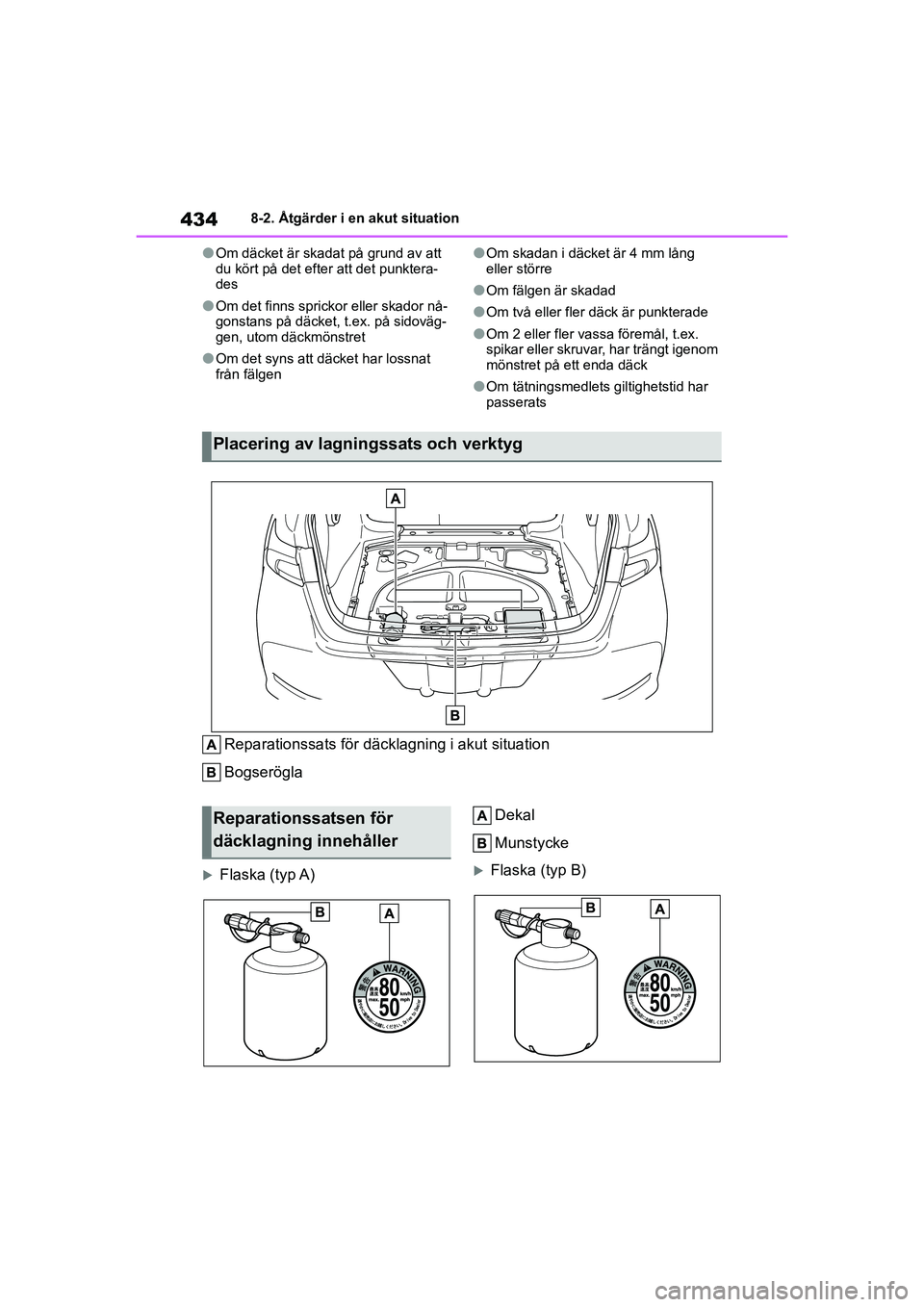 TOYOTA COROLLA 2021 Bruksanvisningar (in Swedish) 4348-2. Åtgärder i en akut situation
COROLLA HV_TMMT_OM12P19SE
lOm däcket är skadat på grund av att
du kört på det efter att det punktera-
des
lOm det finns sprickor eller skador nå-
gonstans TOYOTA COROLLA 2021 Bruksanvisningar (in Swedish) 4348-2. Åtgärder i en akut situation
COROLLA HV_TMMT_OM12P19SE
lOm däcket är skadat på grund av att
du kört på det efter att det punktera-
des
lOm det finns sprickor eller skador nå-
gonstans