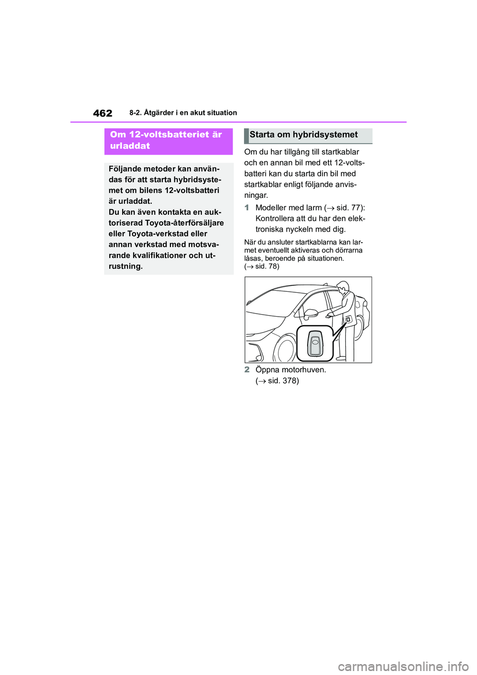 TOYOTA COROLLA 2021 Bruksanvisningar (in Swedish) 4628-2. Åtgärder i en akut situation
COROLLA HV_TMMT_OM12P19SE
Om du har tillgång till startkablar
och en annan bil med ett 12-volts-
batteri kan du starta din bil med
startkablar enligt följand TOYOTA COROLLA 2021 Bruksanvisningar (in Swedish) 4628-2. Åtgärder i en akut situation
COROLLA HV_TMMT_OM12P19SE
Om du har tillgång till startkablar
och en annan bil med ett 12-volts-
batteri kan du starta din bil med
startkablar enligt följand