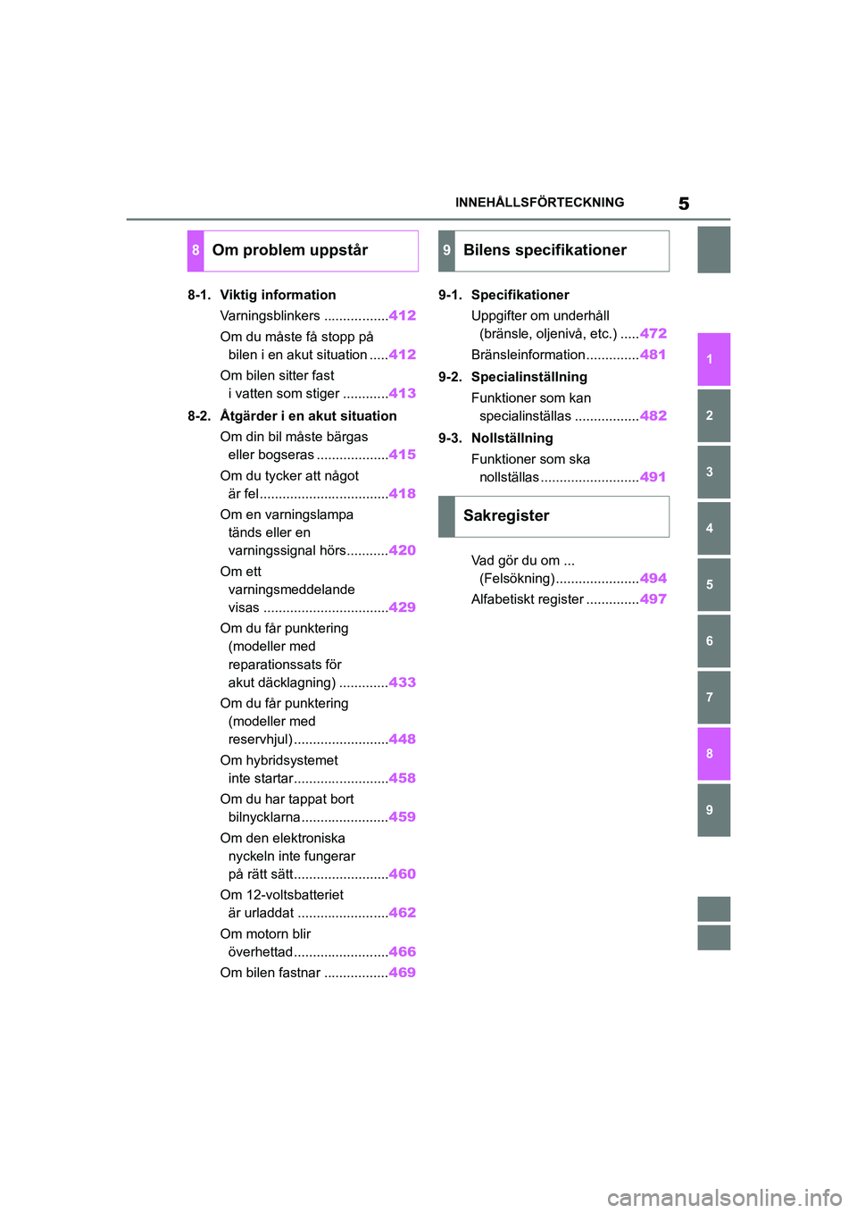 TOYOTA COROLLA 2020  Bruksanvisningar (in Swedish) 5INNEHÅLLSFÖRTECKNING
COROLLA HV_TMMT_OM12P19SE
1
6 5
4
3
2
9
8
7
8-1. Viktig informationVarningsblinkers ................. 412
Om du måste få stopp på  bilen i en akut situation ..... 412
Om bil