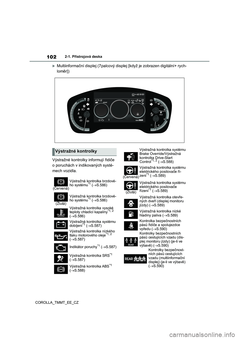TOYOTA COROLLA 2020  Návod na použití (in Czech) 1022-1. Přístrojová deska 
COROLLA_TMMT_EE_CZ
Multiinformační displej (7palco vý displej [když je zobrazen digitální+ rych- 
loměr]) 
Výstražné kontrolky informují řidiče  
o poruch