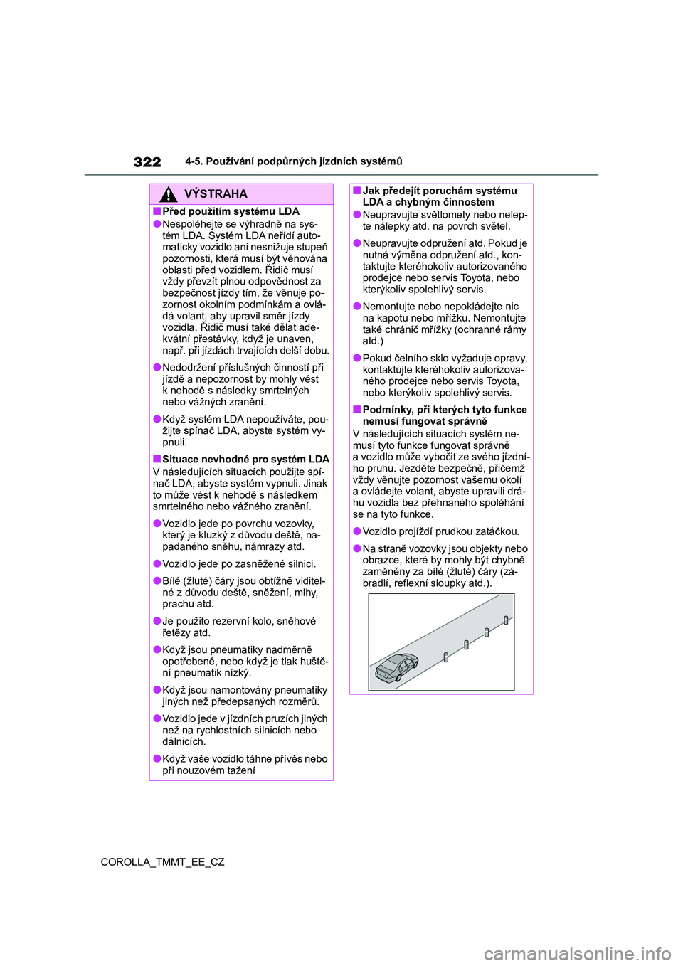TOYOTA COROLLA 2021  Návod na použití (in Czech) 3224-5. Používání podpůrných jízdních systémů 
COROLLA_TMMT_EE_CZ
VÝSTRAHA
■Před použitím systému LDA
●Nespoléhejte se výhradně na sys- 
tém LDA. Systém L DA neřídí auto- ma