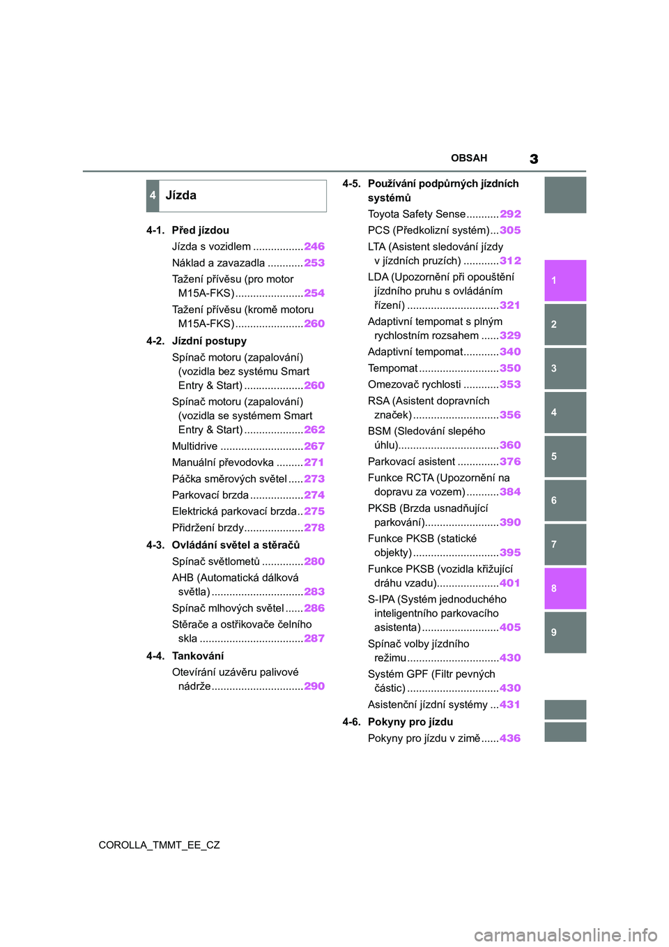TOYOTA COROLLA 2021  Návod na použití (in Czech) 3OBSAH
COROLLA_TMMT_EE_CZ
1
6 5
4
3
2
9
8
7
4-1. Před jízdou
Jízda s vozidlem .................246
Náklad a zavazadla ............253
Tažení přívěsu (pro motor 
M15A-FKS) ....................