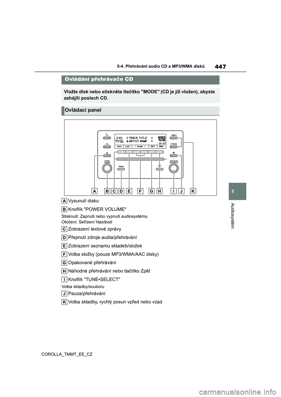 TOYOTA COROLLA 2021  Návod na použití (in Czech) 447
5 
5-4. Přehrávání audi o CD a MP3/WMA disků
Audiosystém
COROLLA_TMMT_EE_CZ
5-4.Přehrávání audio CD a MP3/WMA disků
Vysunutí disku 
Knoflík "POWER VOLUME"
Stisknutí: Zapnutí