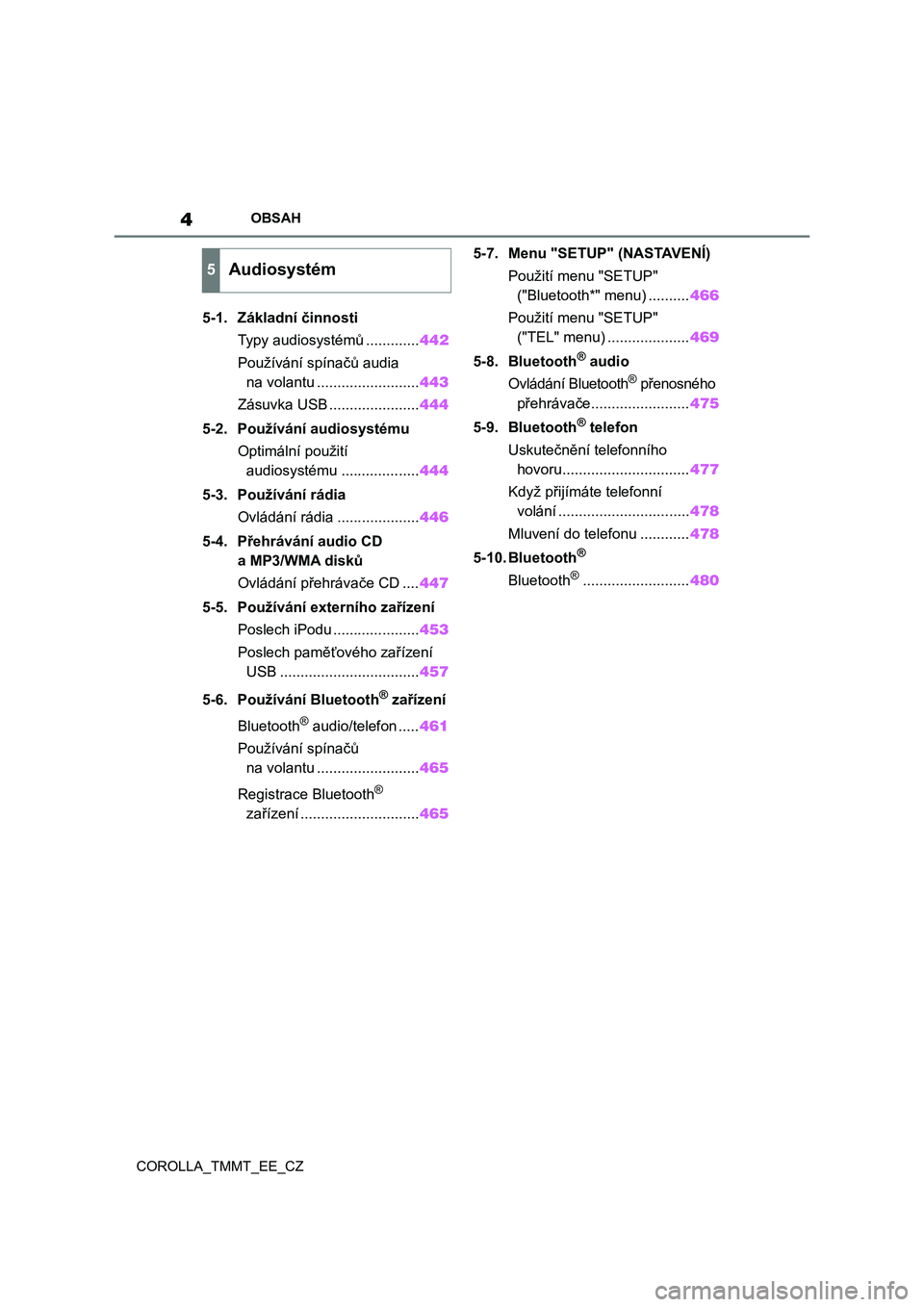 TOYOTA COROLLA 2021  Návod na použití (in Czech) 4OBSAH
COROLLA_TMMT_EE_CZ
5-1. Základní činnosti
Typy audiosystémů .............442
Používání spínačů audia 
na volantu .........................443
Zásuvka USB ......................444
