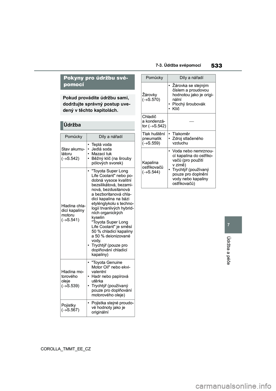 TOYOTA COROLLA 2020  Návod na použití (in Czech) 533
7 7-3. Údržba svépomocí
Údržba a péče
COROLLA_TMMT_EE_CZ
7-3.Údržba svépomocí
Pokyny pro údržbu své-
pomocí
Pokud provádíte údržbu sami, 
dodržujte správný postup uve-
dený