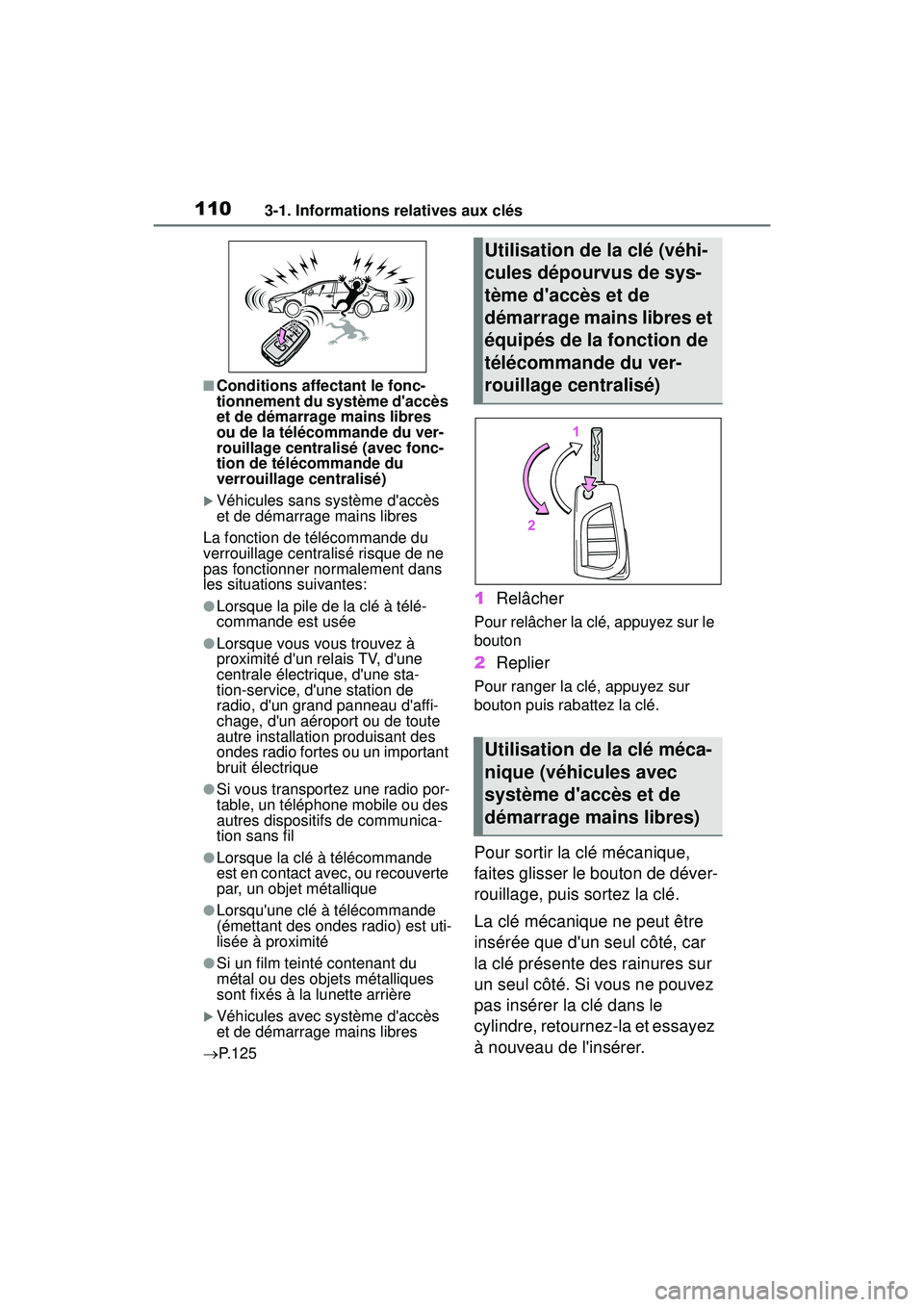 TOYOTA COROLLA 2020 Manuel du propriétaire (in French) 1103-1. Informations relatives aux clés
COROLLA_D
■Conditions affectant le fonc-
tionnement du système daccès
et de démarrage mains libres
ou de la télécommande du ver-
rouillage centralis TOYOTA COROLLA 2020 Manuel du propriétaire (in French) 1103-1. Informations relatives aux clés
COROLLA_D
■Conditions affectant le fonc-
tionnement du système daccès
et de démarrage mains libres
ou de la télécommande du ver-
rouillage centralis