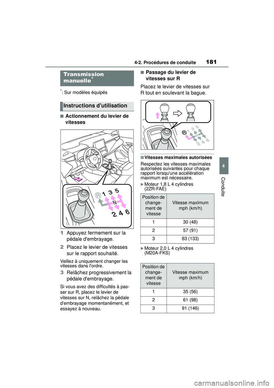 TOYOTA COROLLA 2020 Manuel du propriétaire (in French) 1814-2. Procédures de conduite
COROLLA_D
4
Conduite
*: Sur modèles équipés
■Actionnement du levier de
vitesses
1 Appuyez fermement sur la
pédale dembrayage.
2 Placez le levier de vitesses
s TOYOTA COROLLA 2020 Manuel du propriétaire (in French) 1814-2. Procédures de conduite
COROLLA_D
4
Conduite
*: Sur modèles équipés
■Actionnement du levier de
vitesses
1 Appuyez fermement sur la
pédale dembrayage.
2 Placez le levier de vitesses
s