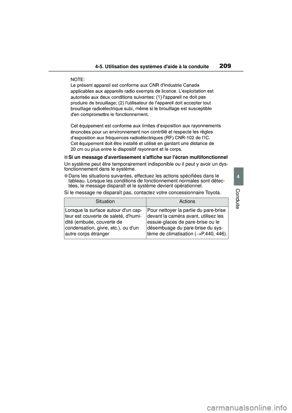 TOYOTA COROLLA 2020  Manuel du propriétaire (in French) 2094-5. Utilisation des systèmes daide à la conduite
COROLLA_D
4
Conduite
■Si un message davertissement saffiche sur lécran multifonctionnel
Un système peut être temporairement indisponible