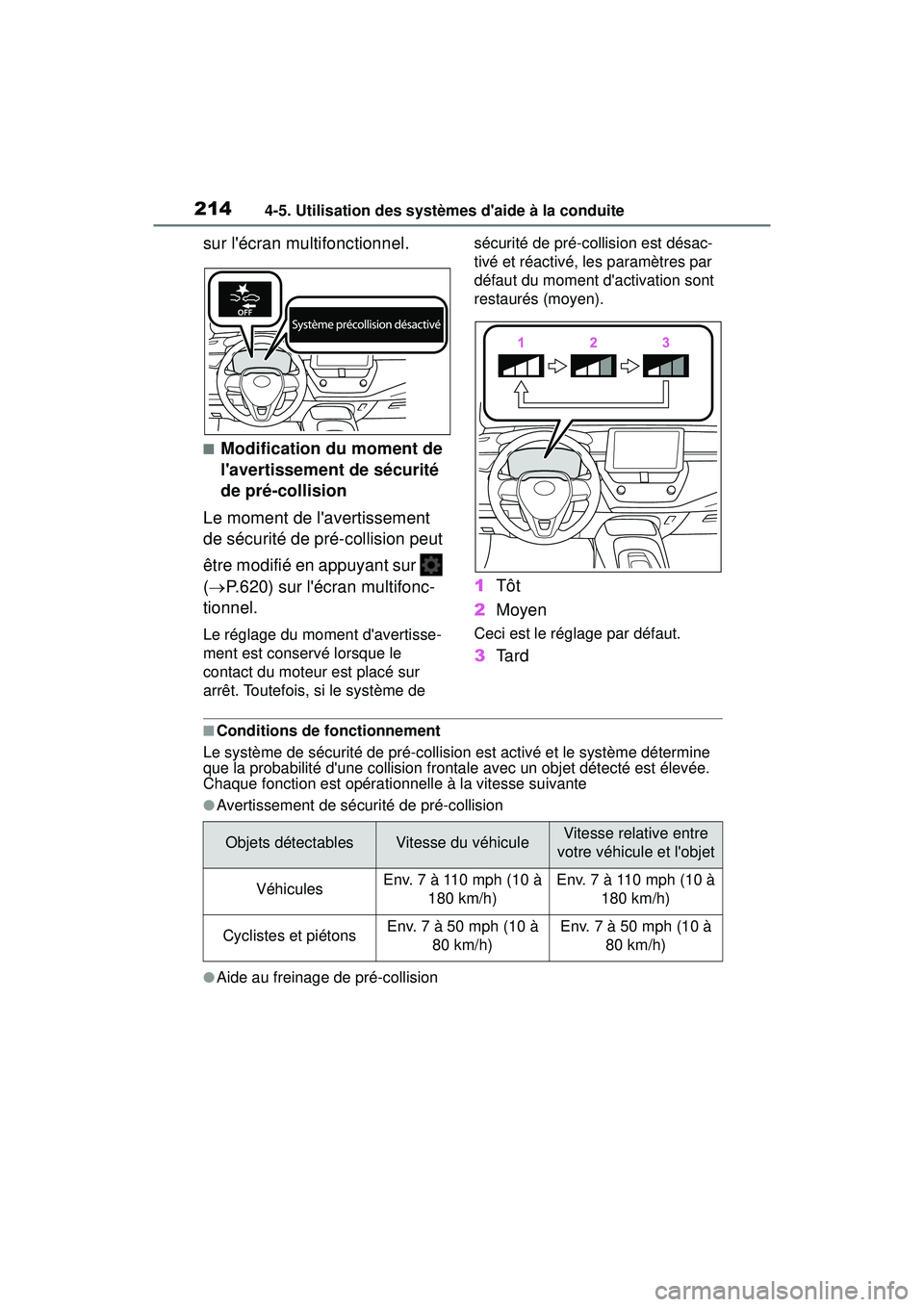 TOYOTA COROLLA 2020  Manuel du propriétaire (in French) 2144-5. Utilisation des systèmes daide à la conduite
COROLLA_D
sur lécran multifonctionnel.
■Modification du moment de 
lavertissement de sécurité 
de pré-collision
Le moment de lavertisse