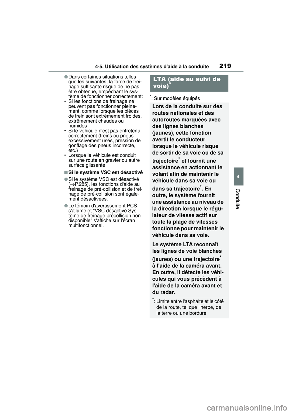 TOYOTA COROLLA 2020  Manuel du propriétaire (in French) 2194-5. Utilisation des systèmes daide à la conduite
COROLLA_D
4
Conduite
●Dans certaines situations telles 
que les suivantes, la force de frei-
nage suffisante risque de ne pas 
être obtenue, 