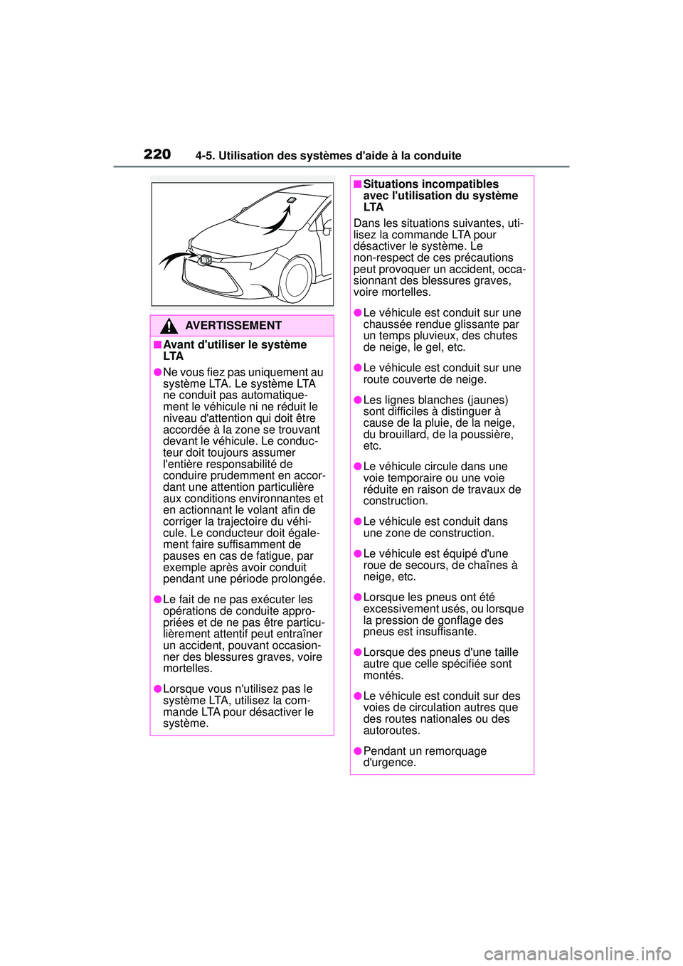 TOYOTA COROLLA 2020  Manuel du propriétaire (in French) 2204-5. Utilisation des systèmes daide à la conduite
COROLLA_D
AVERTISSEMENT
■Avant dutiliser le système 
LTA
●Ne vous fiez pas uniquement au 
système LTA. Le système LTA 
ne conduit pas au