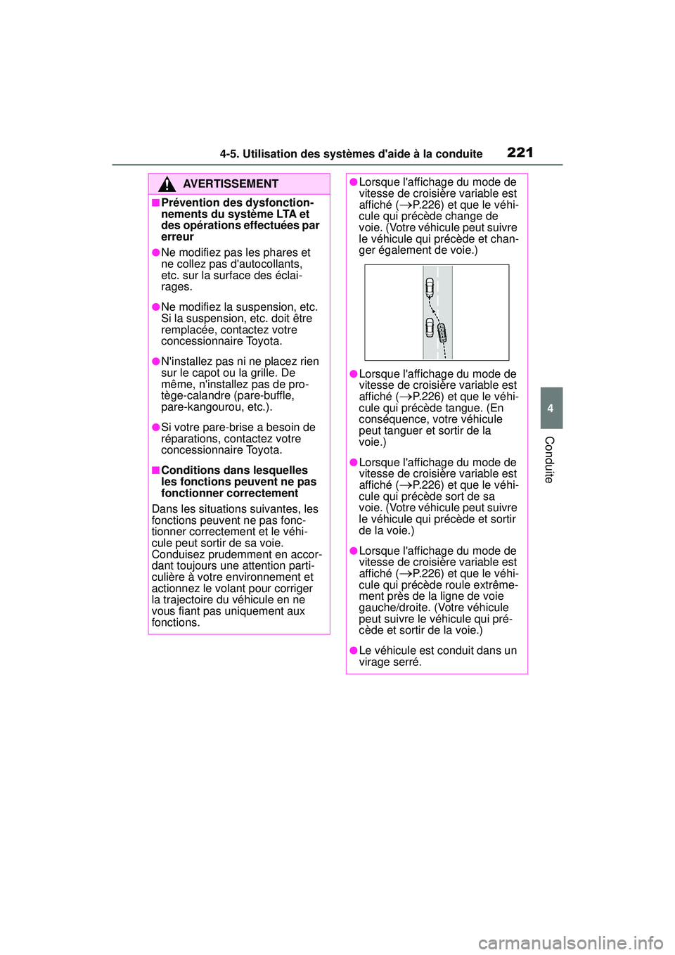 TOYOTA COROLLA 2020  Manuel du propriétaire (in French) 2214-5. Utilisation des systèmes daide à la conduite
COROLLA_D
4
Conduite
AVERTISSEMENT
■Prévention des dysfonction-
nements du système LTA et 
des opérations effectuées par 
erreur
●Ne mod