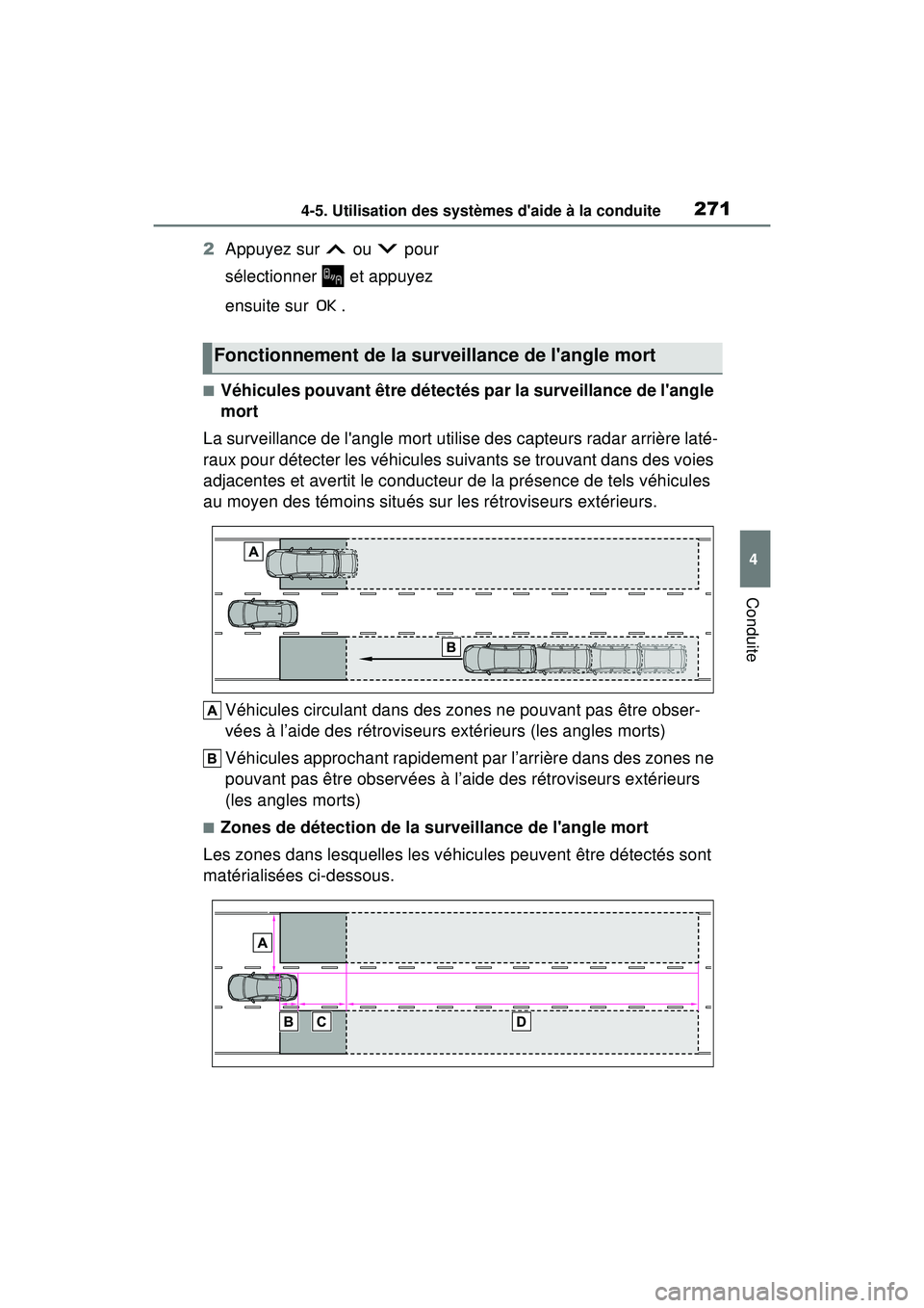 TOYOTA COROLLA 2020 Manuel du propriétaire (in French) 2714-5. Utilisation des systèmes daide à la conduite
COROLLA_D
4
Conduite
2 Appuyez sur ou pour
sélectionner et appuyez
ensuite sur .
■Véhicules pouvant être détectés par la surveil TOYOTA COROLLA 2020 Manuel du propriétaire (in French) 2714-5. Utilisation des systèmes daide à la conduite
COROLLA_D
4
Conduite
2 Appuyez sur ou pour
sélectionner et appuyez
ensuite sur .
■Véhicules pouvant être détectés par la surveil