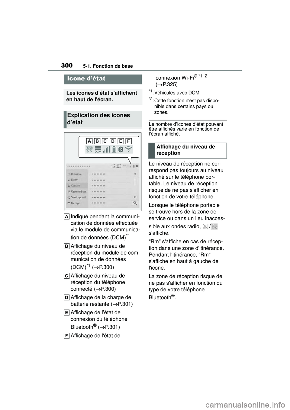 TOYOTA COROLLA 2020 Manuel du propriétaire (in French) 3005-1. Fonction de base
COROLLA_D
Indiqué pendant la communi-
cation de données effectuée
via le module de communica-
tion de données (DCM)
*1
Affichage du niveau de
réception du module de com TOYOTA COROLLA 2020 Manuel du propriétaire (in French) 3005-1. Fonction de base
COROLLA_D
Indiqué pendant la communi-
cation de données effectuée
via le module de communica-
tion de données (DCM)
*1
Affichage du niveau de
réception du module de com