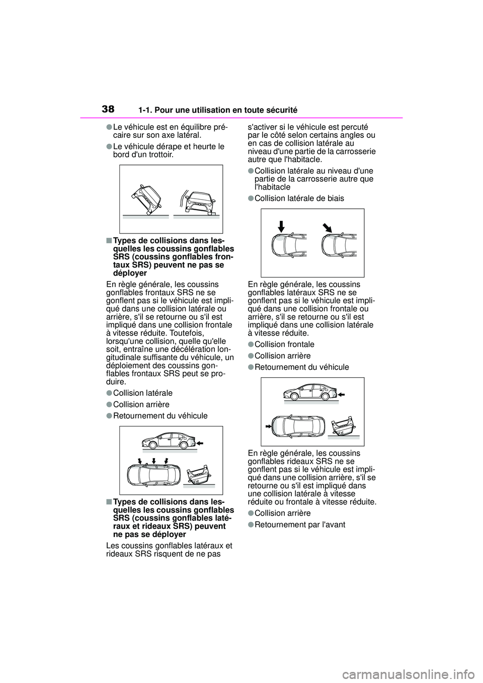 TOYOTA COROLLA 2020  Manuel du propriétaire (in French) 381-1. Pour une utilisation en toute sécurité
COROLLA_D
●Le véhicule est en équilibre pré-
caire sur son axe latéral.
●Le véhicule dérape et heurte le 
bord dun trottoir.
■Types de coll