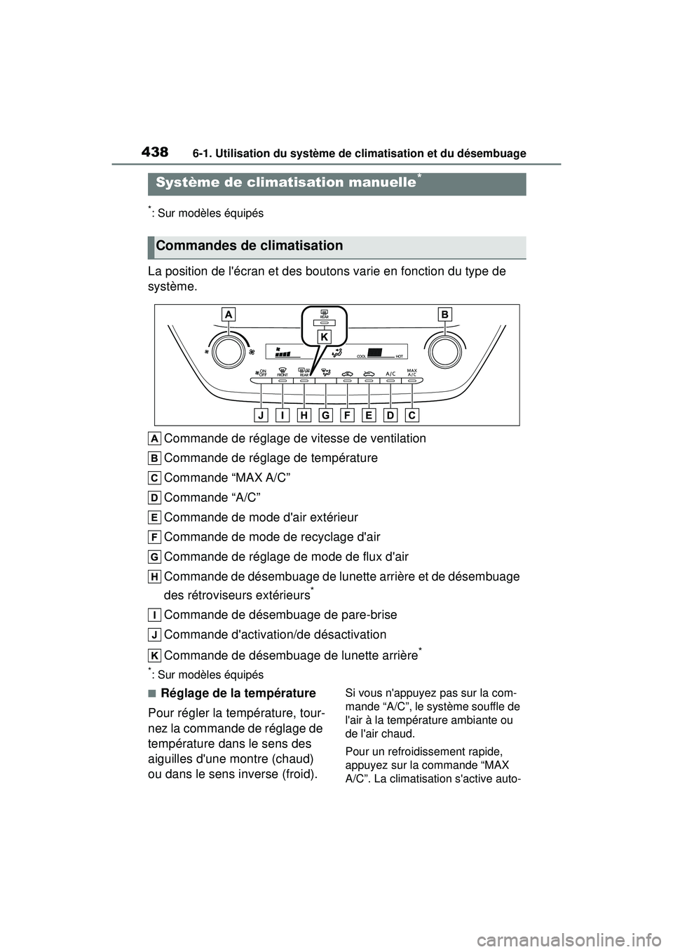 TOYOTA COROLLA 2020 Manuel du propriétaire (in French) 4386-1. Utilisation du système de climatisation et du désembuage
COROLLA_D
6-1 .Utilisatio n d u s ystème de climatisation e t du dése mb uage
*: Sur modèles équipés
La position de lécran et TOYOTA COROLLA 2020 Manuel du propriétaire (in French) 4386-1. Utilisation du système de climatisation et du désembuage
COROLLA_D
6-1 .Utilisatio n d u s ystème de climatisation e t du dése mb uage
*: Sur modèles équipés
La position de lécran et