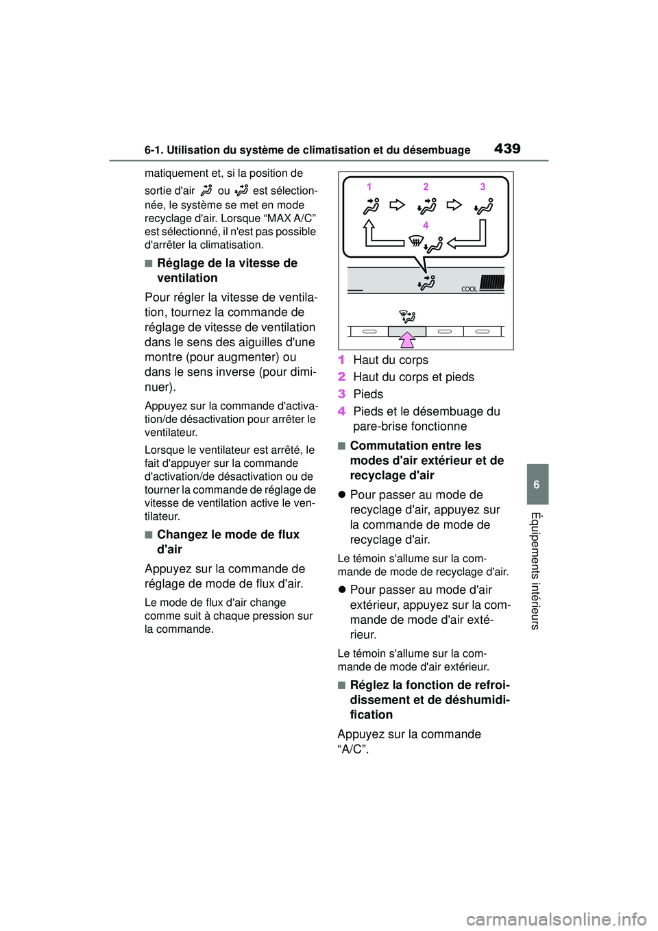 TOYOTA COROLLA 2020 Manuel du propriétaire (in French) 4396-1. Utilisation du système de climatisation et du désembuage
COROLLA_D
6
Équipements intérieurs
matiquement et, si la position de
sortie dair ou est sélection-
née, le système se met TOYOTA COROLLA 2020 Manuel du propriétaire (in French) 4396-1. Utilisation du système de climatisation et du désembuage
COROLLA_D
6
Équipements intérieurs
matiquement et, si la position de
sortie dair ou est sélection-
née, le système se met