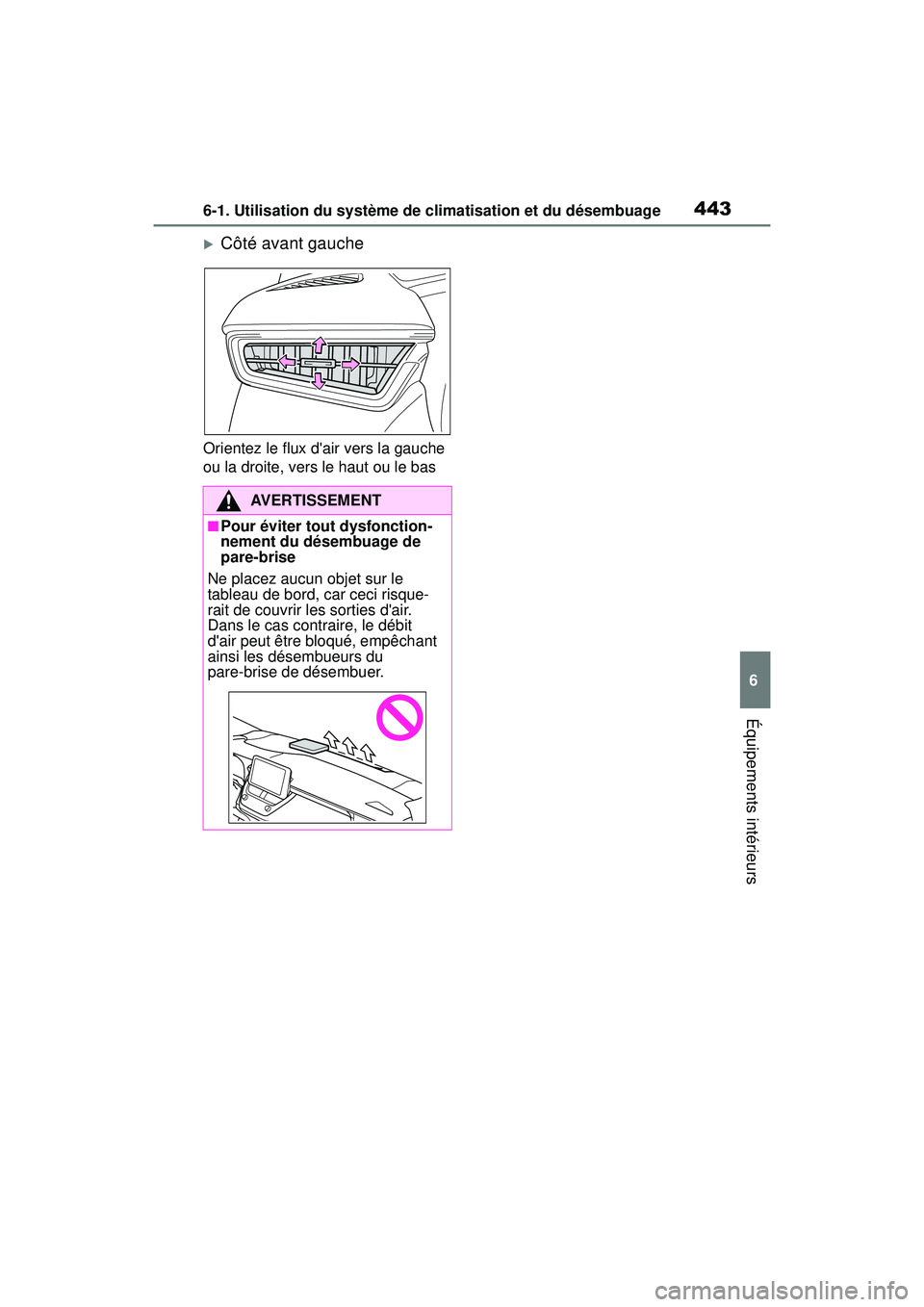 TOYOTA COROLLA 2020 Manuel du propriétaire (in French) 4436-1. Utilisation du système de climatisation et du désembuage
COROLLA_D
6
Équipements intérieurs
Côté avant gauche
Orientez le flux dair vers la gauche
ou la droite, vers le haut ou le b TOYOTA COROLLA 2020 Manuel du propriétaire (in French) 4436-1. Utilisation du système de climatisation et du désembuage
COROLLA_D
6
Équipements intérieurs
Côté avant gauche
Orientez le flux dair vers la gauche
ou la droite, vers le haut ou le b