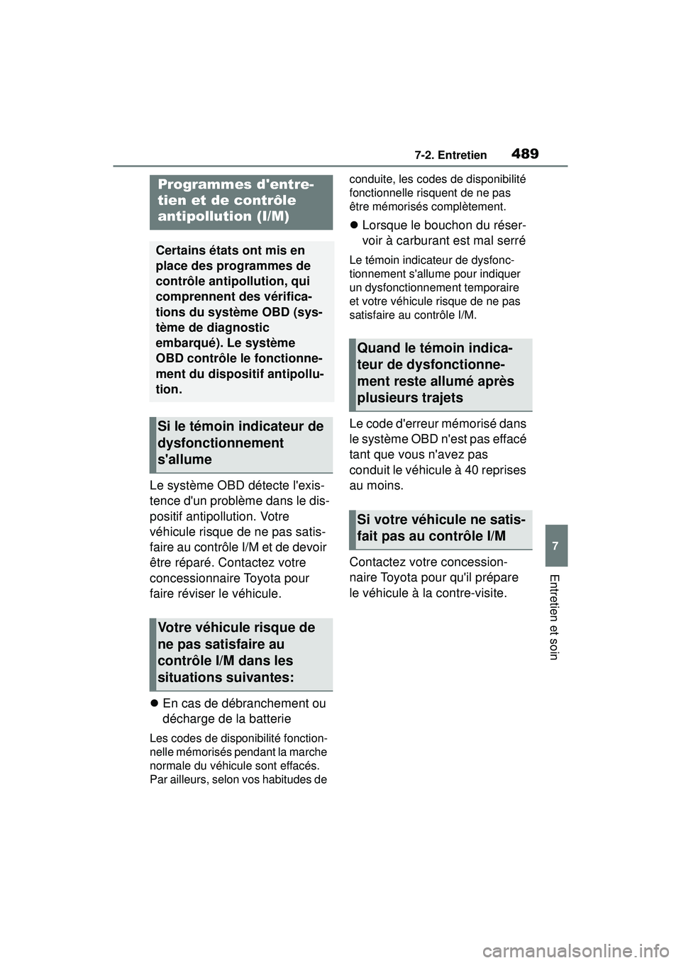 TOYOTA COROLLA 2020 Manuel du propriétaire (in French) 4897-2. Entretien
COROLLA_D
7
Entretien et soin
Le système OBD détecte lexis-
tence dun problème dans le dis-
positif antipollution. Votre
véhicule risque de ne pas satis-
faire au contrôle I/ TOYOTA COROLLA 2020 Manuel du propriétaire (in French) 4897-2. Entretien
COROLLA_D
7
Entretien et soin
Le système OBD détecte lexis-
tence dun problème dans le dis-
positif antipollution. Votre
véhicule risque de ne pas satis-
faire au contrôle I/