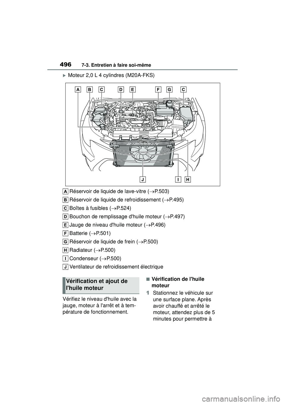 TOYOTA COROLLA 2020 Manuel du propriétaire (in French) 4967-3. Entretien à faire soi-même
COROLLA_D
Moteur 2,0 L 4 cylindres (M20A-FKS)Réservoir de liquide de lave-vitre ( P.503)
Réservoir de liquide de refroidissement ( P.495)
Boîtes à fus TOYOTA COROLLA 2020 Manuel du propriétaire (in French) 4967-3. Entretien à faire soi-même
COROLLA_D
Moteur 2,0 L 4 cylindres (M20A-FKS)Réservoir de liquide de lave-vitre ( P.503)
Réservoir de liquide de refroidissement ( P.495)
Boîtes à fus