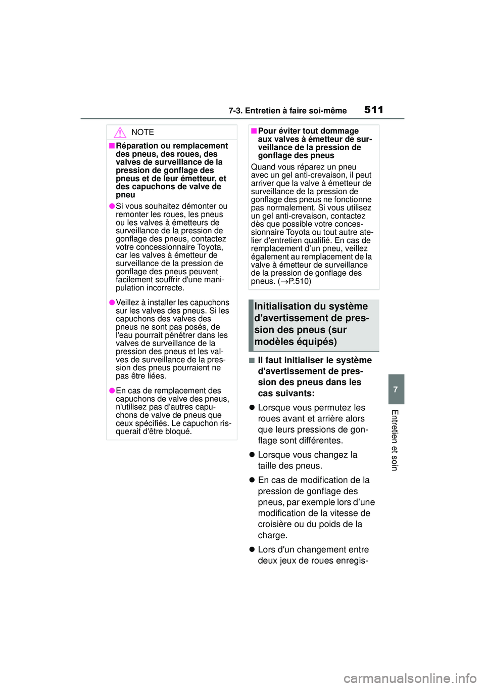 TOYOTA COROLLA 2020 Manuel du propriétaire (in French) 5117-3. Entretien à faire soi-même
COROLLA_D
7
Entretien et soin
■Il faut initialiser le système
davertissement de pres-
sion des pneus dans les
cas suivants:
Lorsque vous permutez les
ro TOYOTA COROLLA 2020 Manuel du propriétaire (in French) 5117-3. Entretien à faire soi-même
COROLLA_D
7
Entretien et soin
■Il faut initialiser le système
davertissement de pres-
sion des pneus dans les
cas suivants:
Lorsque vous permutez les
ro