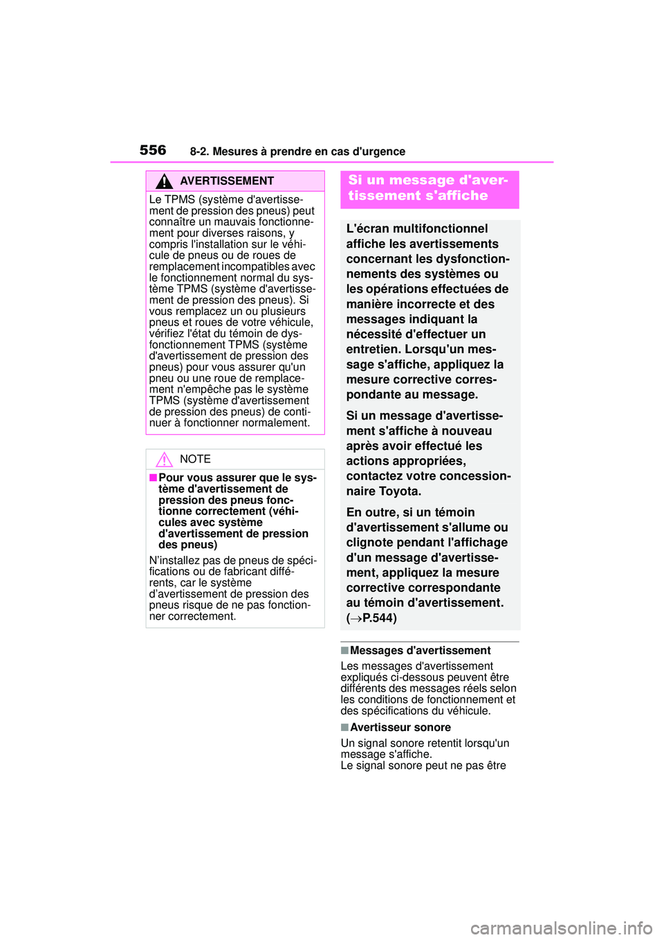 TOYOTA COROLLA 2020  Manuel du propriétaire (in French) 5568-2. Mesures à prendre en cas durgence
COROLLA_D
■Messages davertissement
Les messages davertissement 
expliqués ci-dessous peuvent être 
différents des messages réels selon 
les conditio