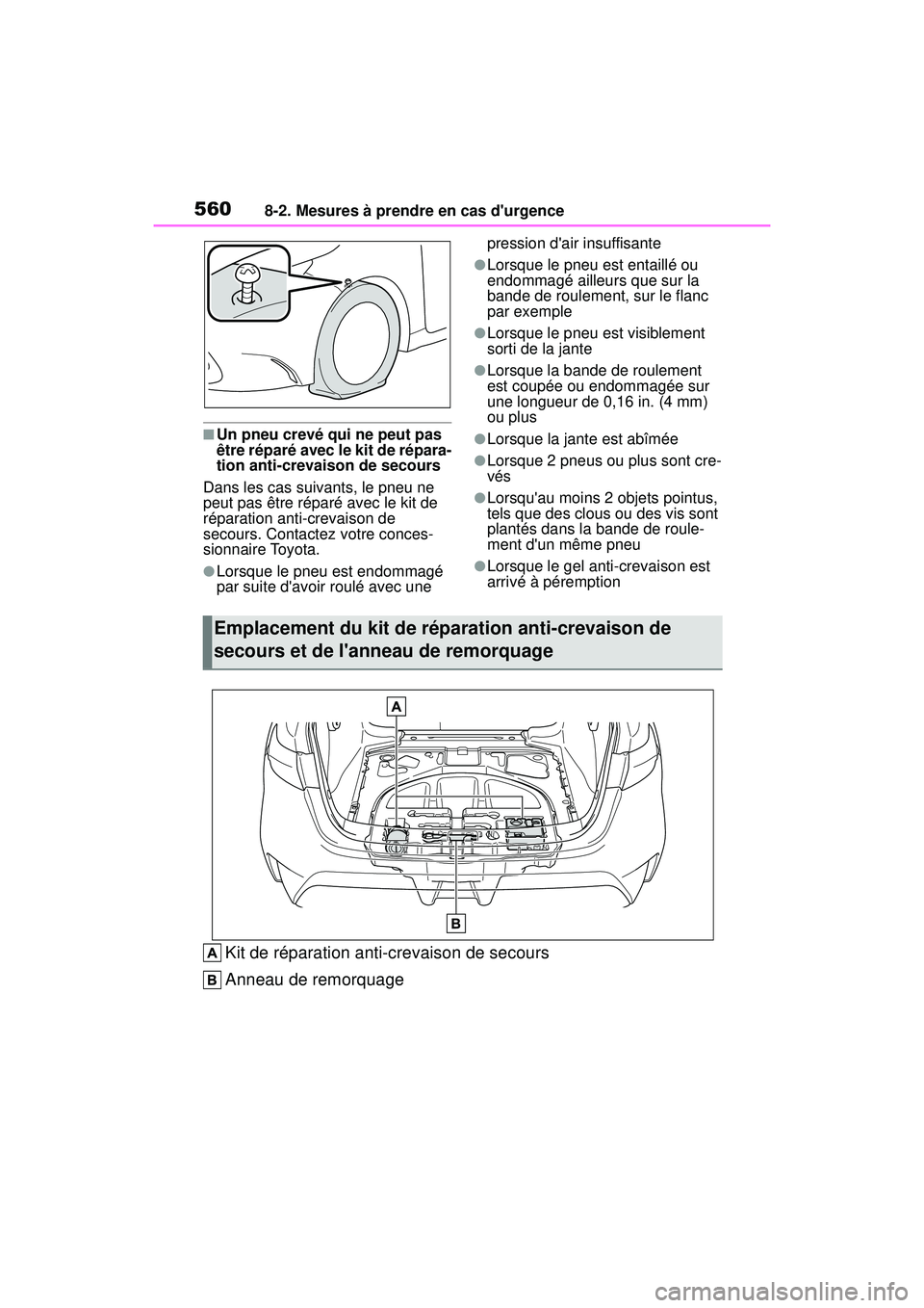 TOYOTA COROLLA 2020 Manuel du propriétaire (in French) 5608-2. Mesures à prendre en cas durgence
COROLLA_D
■Un pneu crevé qui ne peut pas
être réparé avec le kit de répara-
tion anti-crevaison de secours
Dans les cas suivants, le pneu ne
peut p TOYOTA COROLLA 2020 Manuel du propriétaire (in French) 5608-2. Mesures à prendre en cas durgence
COROLLA_D
■Un pneu crevé qui ne peut pas
être réparé avec le kit de répara-
tion anti-crevaison de secours
Dans les cas suivants, le pneu ne
peut p