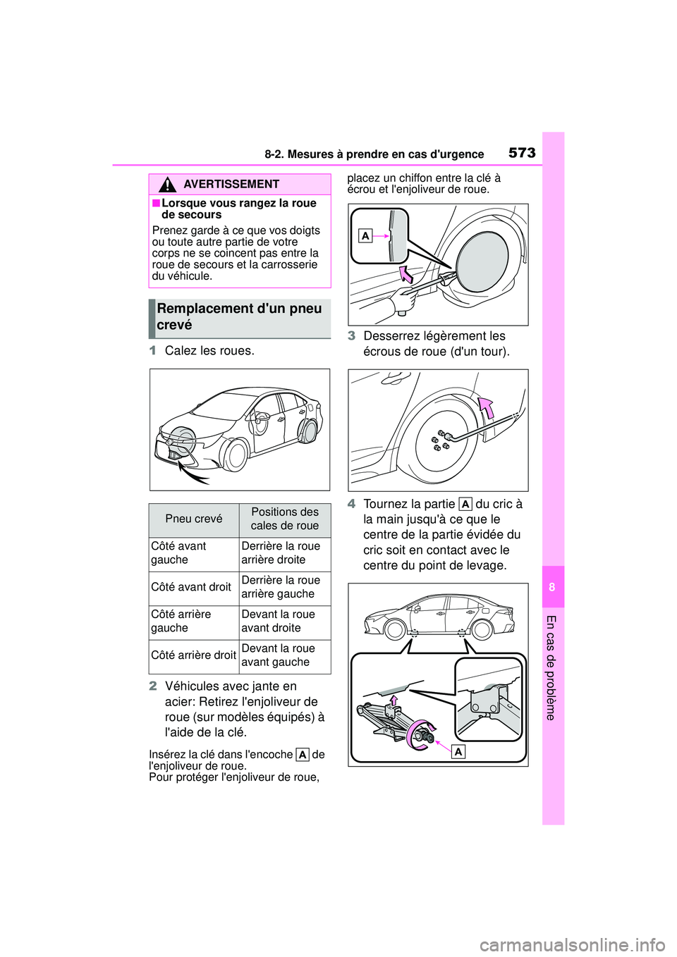 TOYOTA COROLLA 2020  Manuel du propriétaire (in French) 5738-2. Mesures à prendre en cas durgence
COROLLA_D
8
En cas de problème
1 Calez les roues.
2 Véhicules avec jante en 
acier: Retirez lenjoliveur de 
roue (sur modèles équipés) à 
laide de l