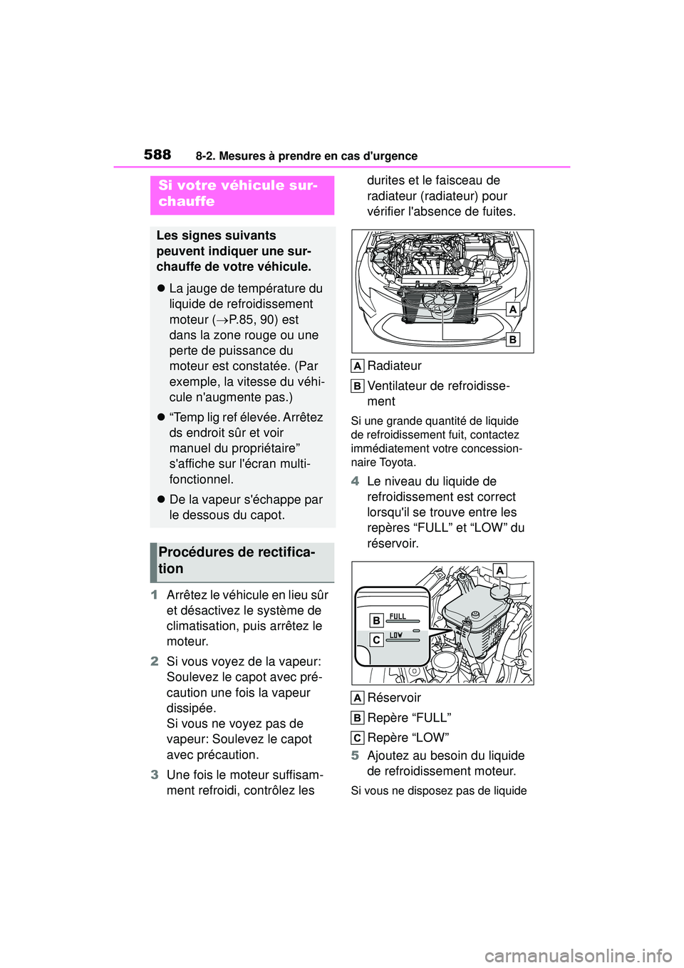 TOYOTA COROLLA 2020  Manuel du propriétaire (in French) 5888-2. Mesures à prendre en cas durgence
COROLLA_D
1Arrêtez le véhicule en lieu sûr 
et désactivez le système de 
climatisation, puis arrêtez le 
moteur.
2 Si vous voyez de la vapeur: 
Soulev