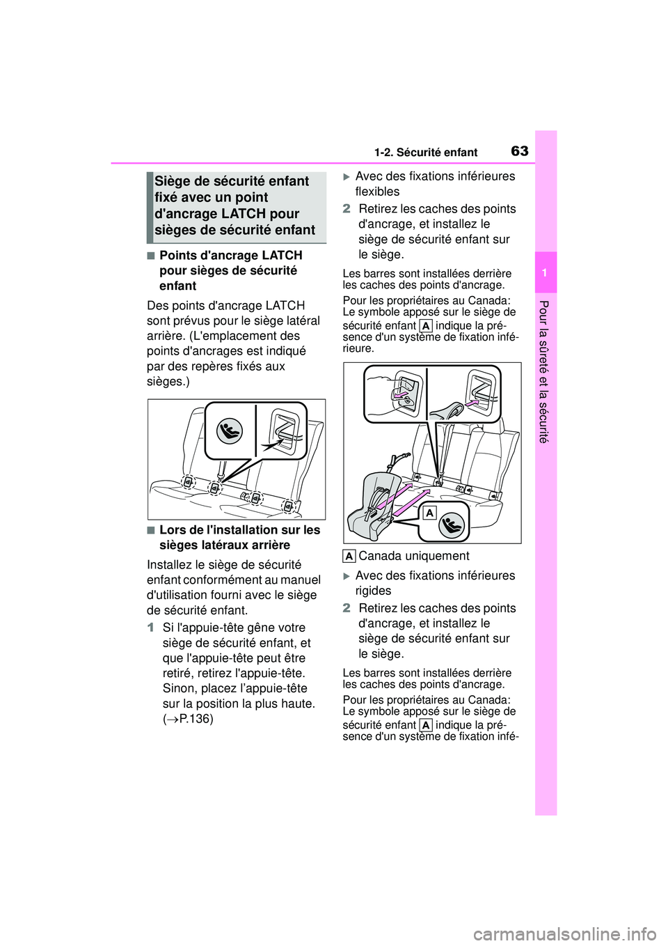 TOYOTA COROLLA 2020 Manuel du propriétaire (in French) 631-2. Sécurité enfant
COROLLA_D
1
Pour la sûreté et la sécurité
■Points dancrage LATCH
pour sièges de sécurité
enfant
Des points dancrage LATCH
sont prévus pour le siège latéral
a TOYOTA COROLLA 2020 Manuel du propriétaire (in French) 631-2. Sécurité enfant
COROLLA_D
1
Pour la sûreté et la sécurité
■Points dancrage LATCH
pour sièges de sécurité
enfant
Des points dancrage LATCH
sont prévus pour le siège latéral
a