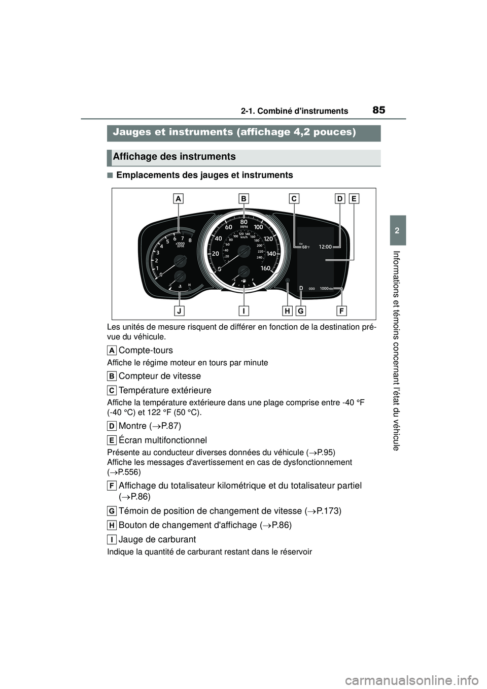 TOYOTA COROLLA 2020 Manuel du propriétaire (in French) 852-1. Combiné dinstruments
COROLLA_D
2
Informations et témoins concernant l’état du véhicule
■Emplacements des jauges et instruments
Les unités de mesure risquent de différer en fonction d TOYOTA COROLLA 2020 Manuel du propriétaire (in French) 852-1. Combiné dinstruments
COROLLA_D
2
Informations et témoins concernant l’état du véhicule
■Emplacements des jauges et instruments
Les unités de mesure risquent de différer en fonction d