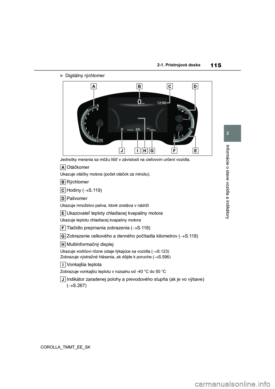 TOYOTA COROLLA 2020 Návod na použitie (in Slovakian) 115
2
2-1. Prístrojová doska
Informácie o stave vozidla a indikátory
COROLLA_TMMT_EE_SK
Digitálny rýchlomer
Jednotky merania sa môžu líšiť v závislosti na cieľovom určení vozidla.
TOYOTA COROLLA 2020 Návod na použitie (in Slovakian) 115
2
2-1. Prístrojová doska
Informácie o stave vozidla a indikátory
COROLLA_TMMT_EE_SK
Digitálny rýchlomer
Jednotky merania sa môžu líšiť v závislosti na cieľovom určení vozidla.