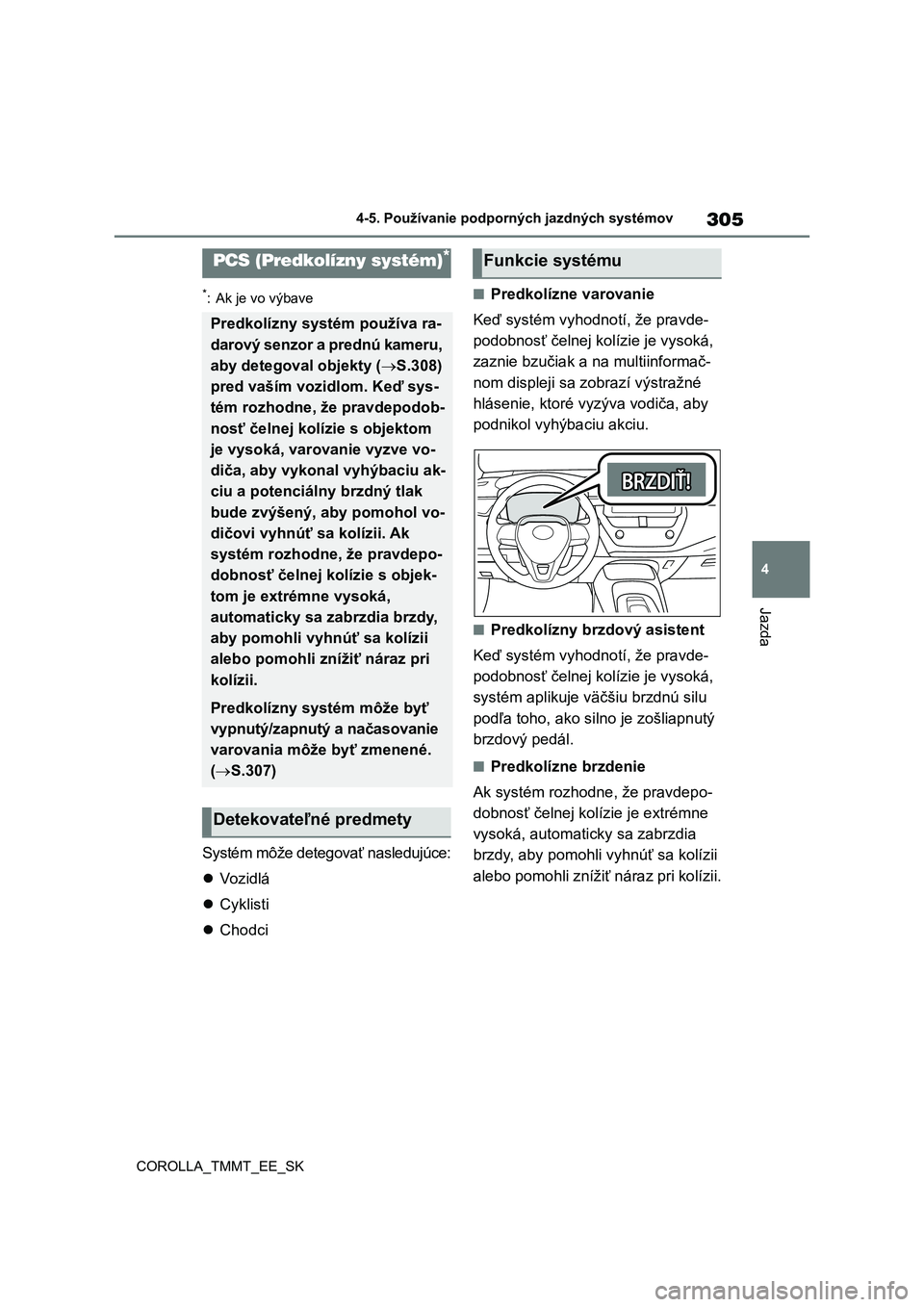 TOYOTA COROLLA 2020  Návod na použitie (in Slovakian) 305
4 
4-5. Používanie podporných jazdných systémov
Jazda
COROLLA_TMMT_EE_SK
*: Ak je vo výbave
Systém môže detegovať nasledujúce: 
 Vozidlá 
 Cyklisti 
 Chodci
■Predkolízne va