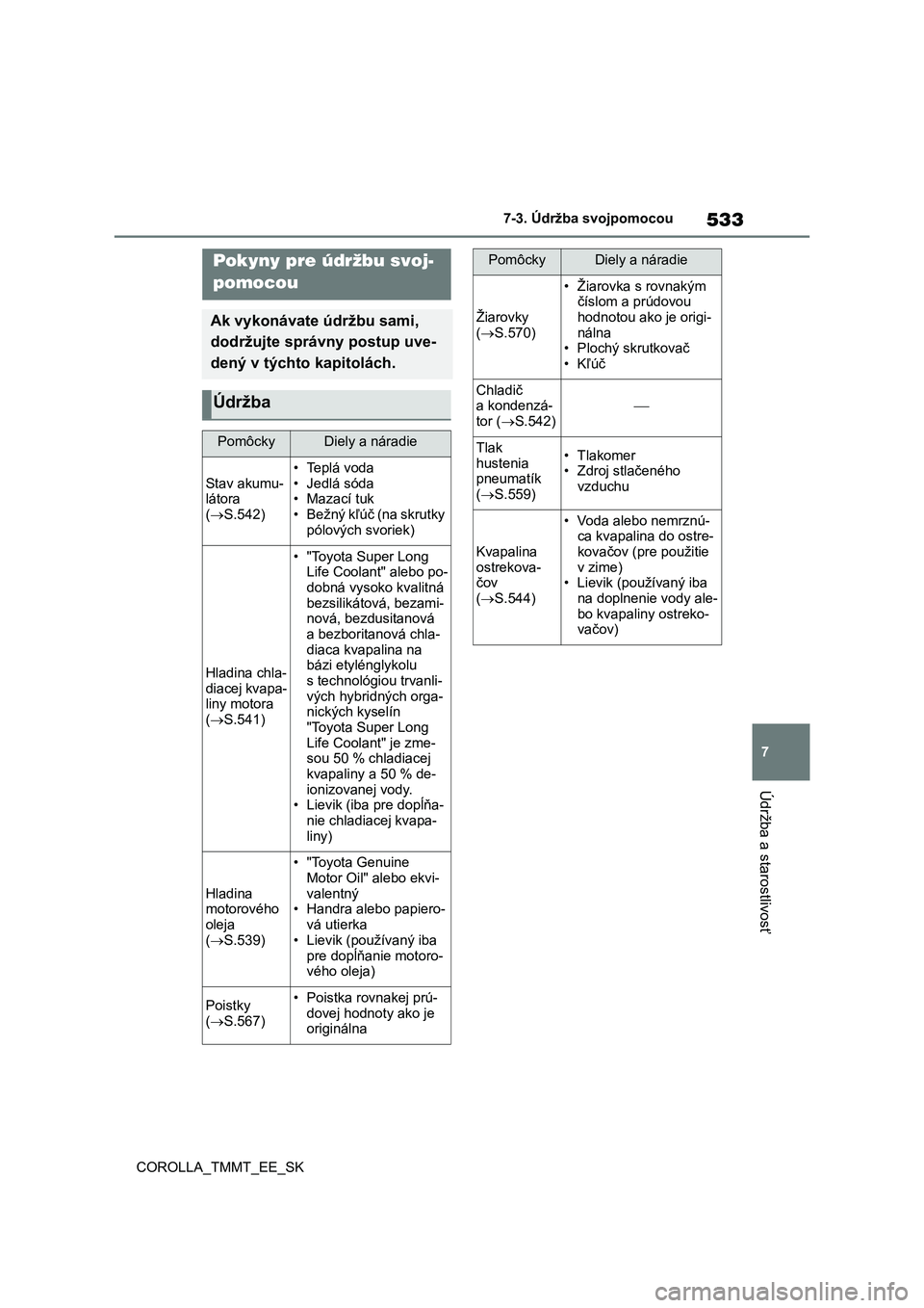 TOYOTA COROLLA 2020  Návod na použitie (in Slovakian) 533
7 7-3. Údržba svojpomocou
Údržba a starostlivosť
COROLLA_TMMT_EE_SK
7-3.Údržba svojpomocou
Pokyny pre údržbu svoj-
pomocou
Ak vykonávate údržbu sami, 
dodržujte správny postup uve-
d