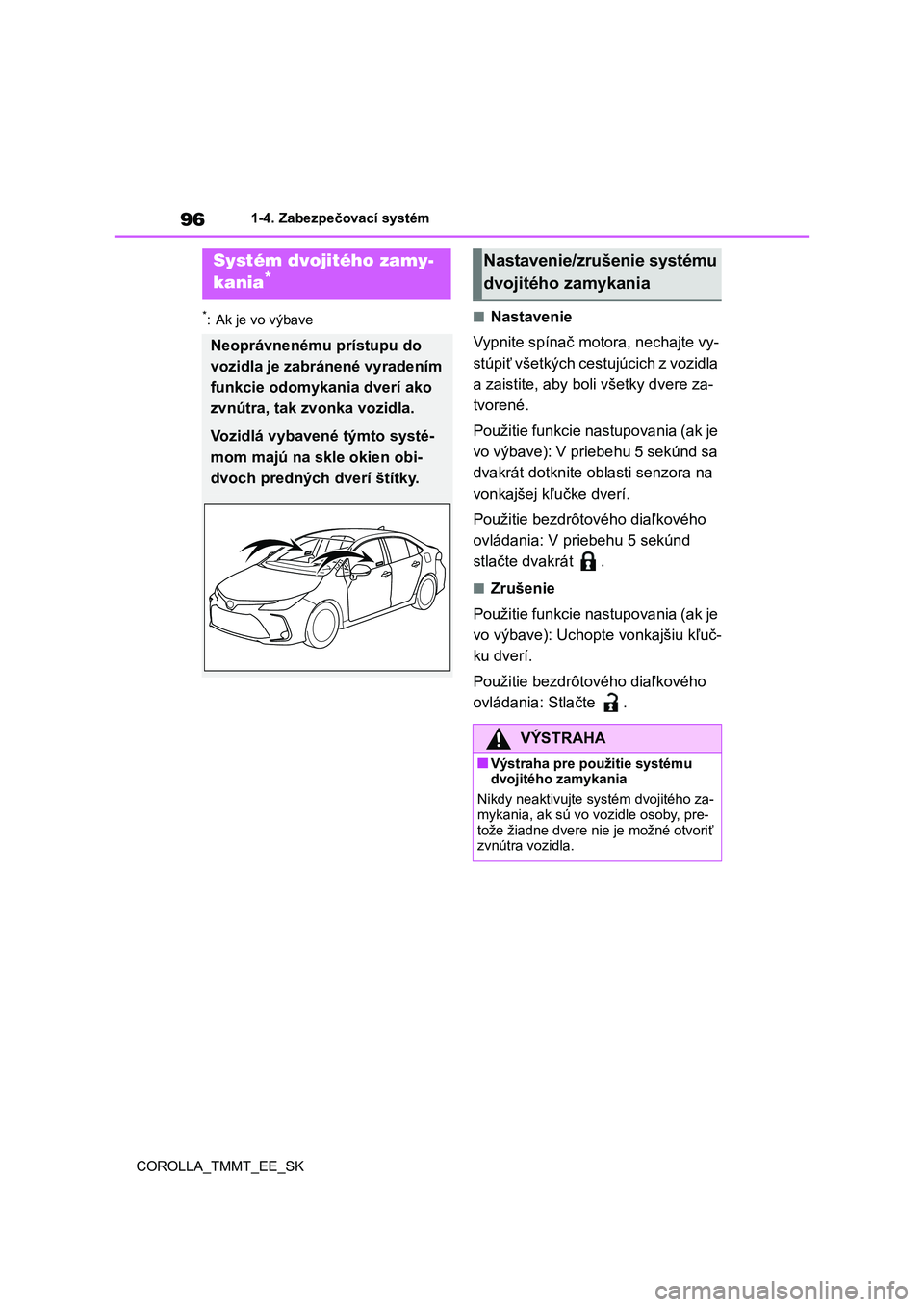 TOYOTA COROLLA 2020 Návod na použitie (in Slovakian) 961-4. Zabezpečovací systém
COROLLA_TMMT_EE_SK
*: Ak je vo výbave■Nastavenie
Vypnite spínač moto ra, nechajte vy-
stúpiť všetkých cestujúcich z vozidla
a zaistite, aby boli všetky dv TOYOTA COROLLA 2020 Návod na použitie (in Slovakian) 961-4. Zabezpečovací systém
COROLLA_TMMT_EE_SK
*: Ak je vo výbave■Nastavenie
Vypnite spínač moto ra, nechajte vy-
stúpiť všetkých cestujúcich z vozidla
a zaistite, aby boli všetky dv