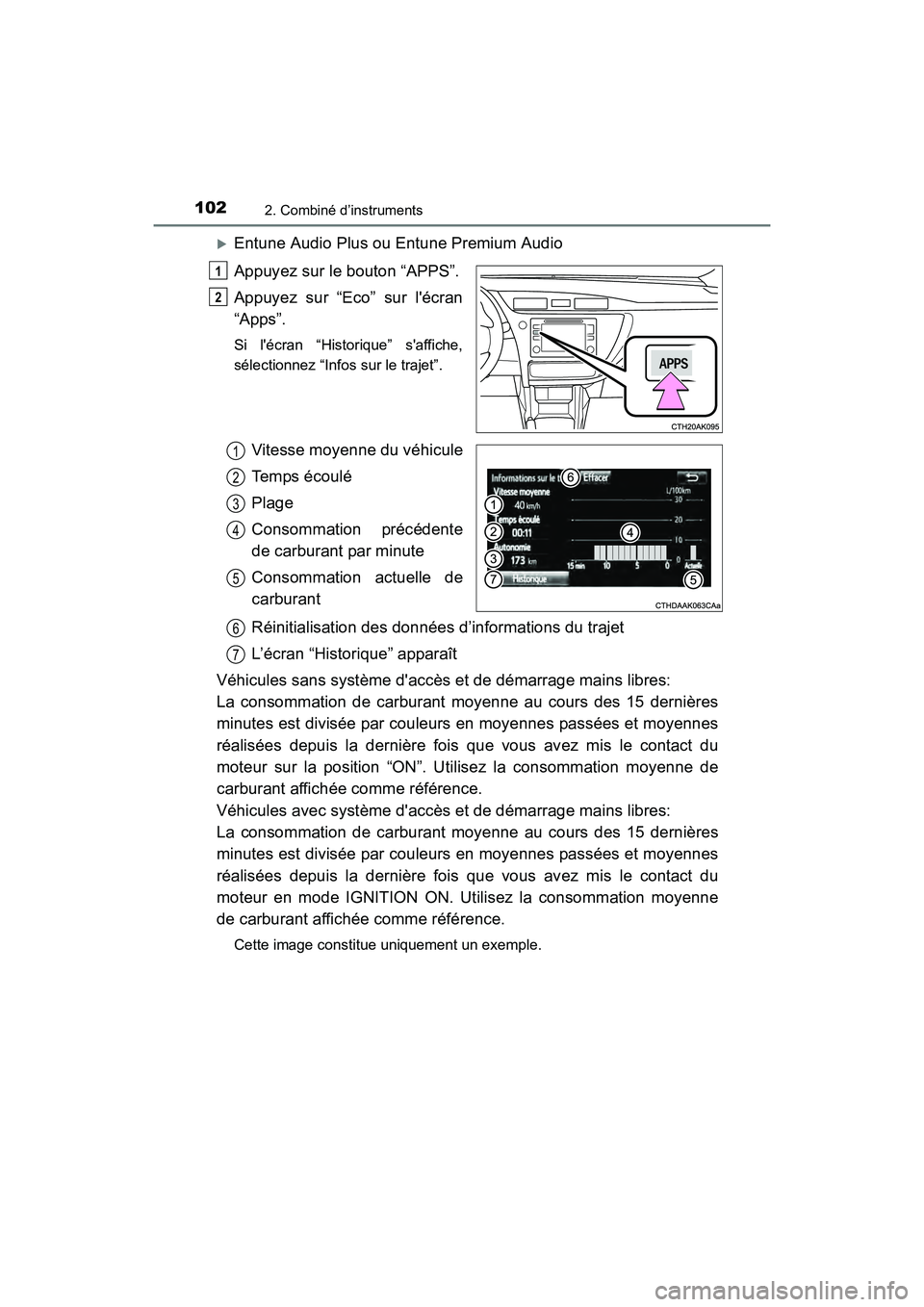 TOYOTA COROLLA 2019  Manuel du propriétaire (in French) 1022. Combiné d’instruments
COROLLA_TMMMS_TMMC_D
�XEntune Audio Plus ou Entune Premium Audio
Appuyez sur le bouton “APPS”.
Appuyez sur “Eco” sur lécran
“Apps”.
Si lécran “Historiq
