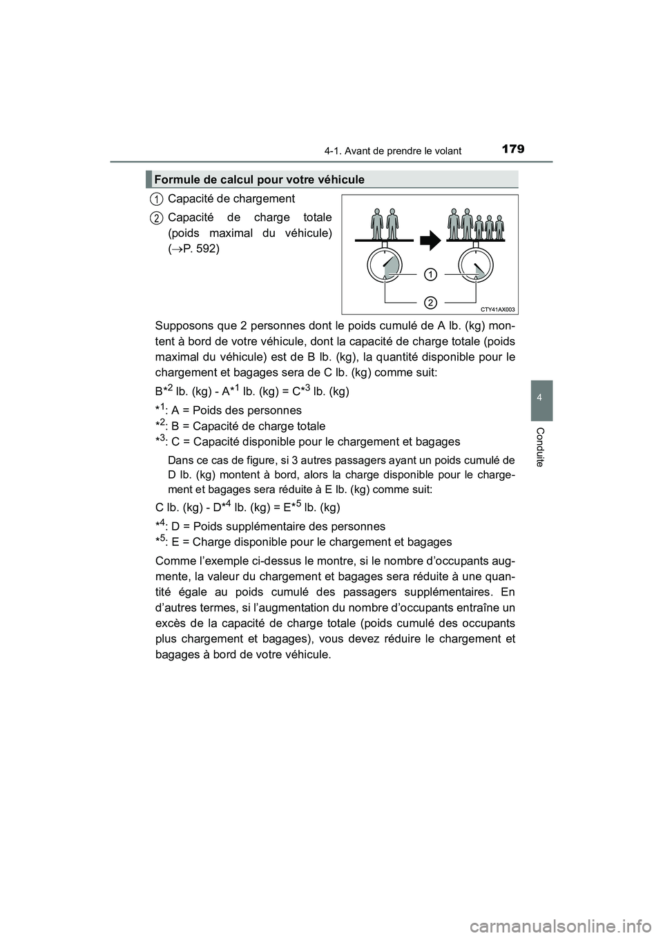 TOYOTA COROLLA 2019  Manuel du propriétaire (in French) 1794-1. Avant de prendre le volant
4
Conduite
COROLLA_TMMMS_TMMC_D
Capacité de chargement
Capacité de charge totale
(poids maximal du véhicule)
(→P. 592)
Supposons que 2 personnes dont le poids c
