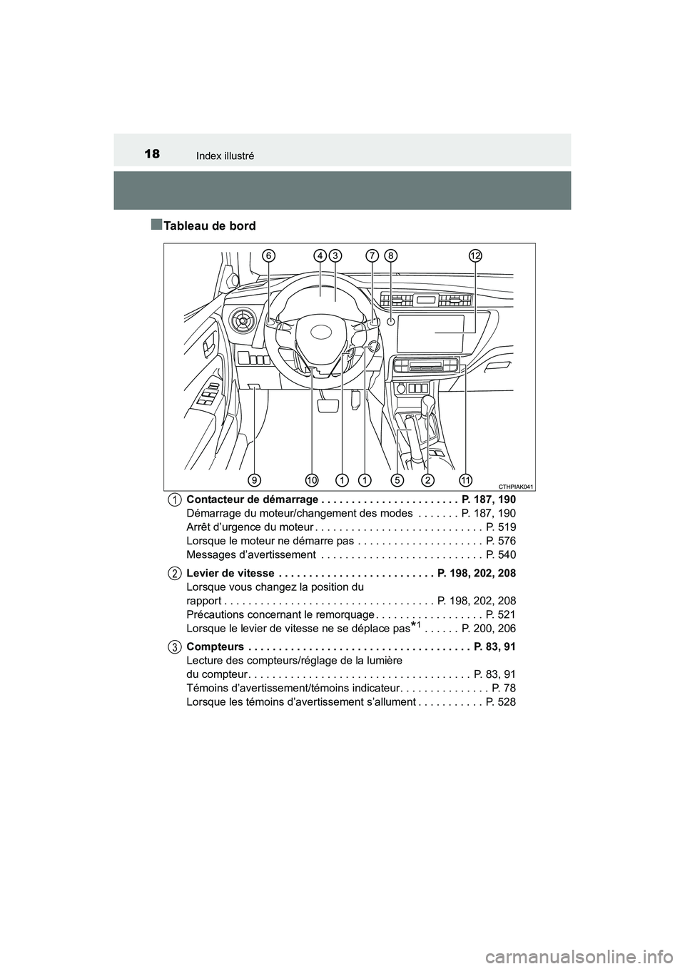 TOYOTA COROLLA 2019 Manuel du propriétaire (in French) 18Index illustré
COROLLA_TMMMS_TMMC_D
■Tableau de bord
Contacteur de démarrage . . . . . . . . . . . . . . . . . . . . . . . P. 187, 190
Démarrage du moteur/changement des modes . . . . . . . TOYOTA COROLLA 2019 Manuel du propriétaire (in French) 18Index illustré
COROLLA_TMMMS_TMMC_D
■Tableau de bord
Contacteur de démarrage . . . . . . . . . . . . . . . . . . . . . . . P. 187, 190
Démarrage du moteur/changement des modes . . . . . . .